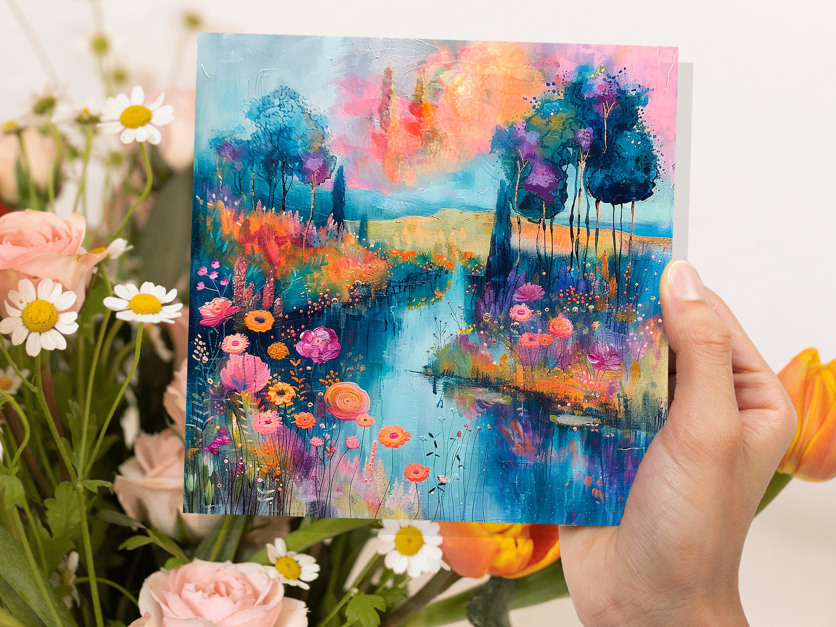Dreamy River Bank Scene Card Vibrant Colourful Impressionist Flowers Trees Nature Lovers Sunset Colours Fantasy Abstract Art Summer Painting - View 9