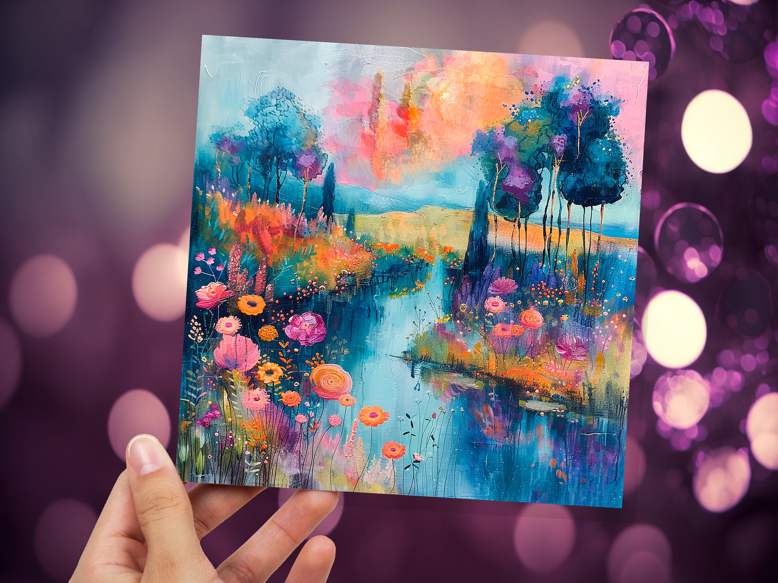 Dreamy River Bank Scene Card Vibrant Colourful Impressionist Flowers Trees Nature Lovers Sunset Colours Fantasy Abstract Art Summer Painting - View 5