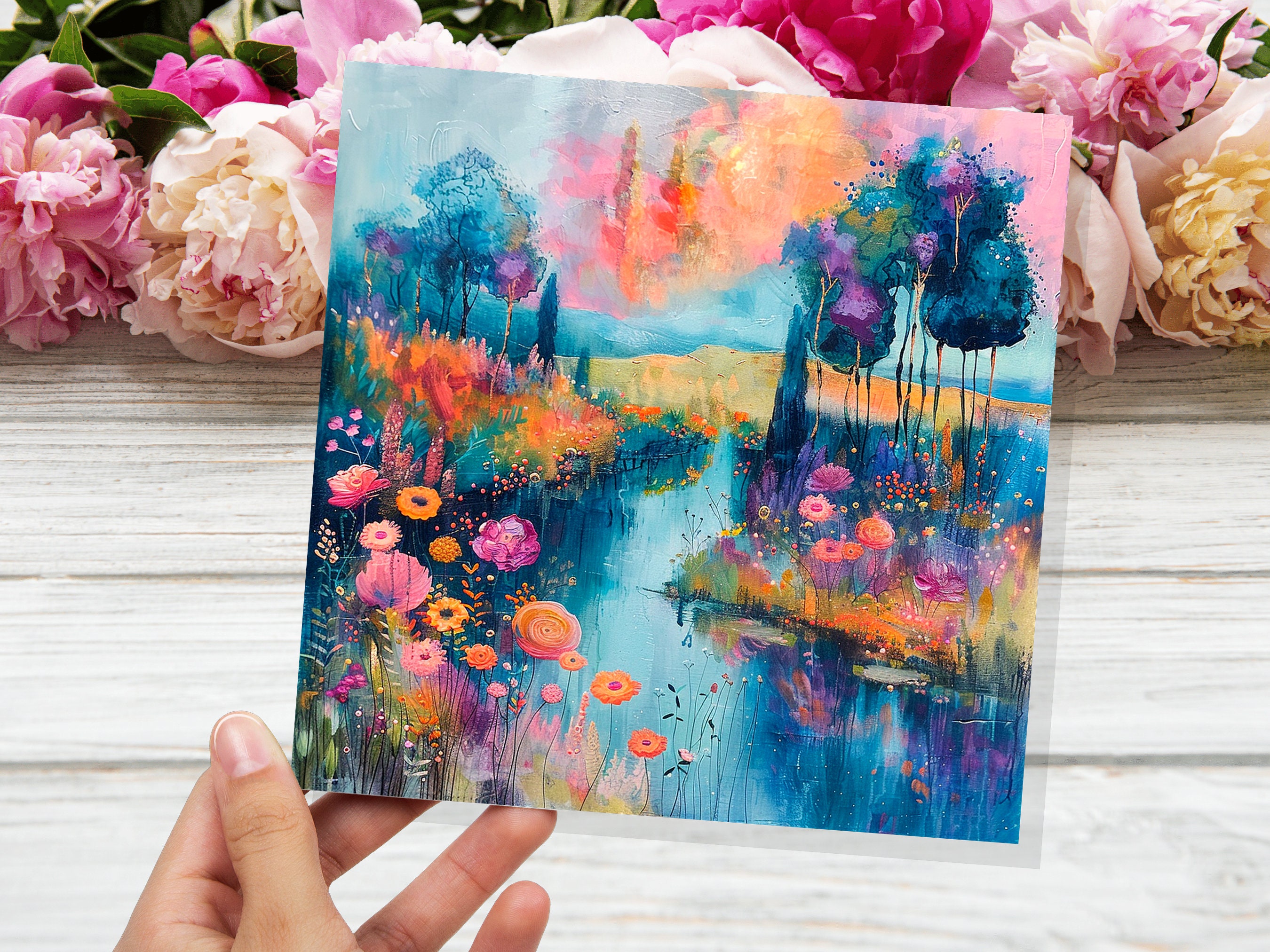 Dreamy River Bank Scene Card Vibrant Colourful Impressionist Flowers Trees Nature Lovers Sunset Colours Fantasy Abstract Art Summer Painting - View 6