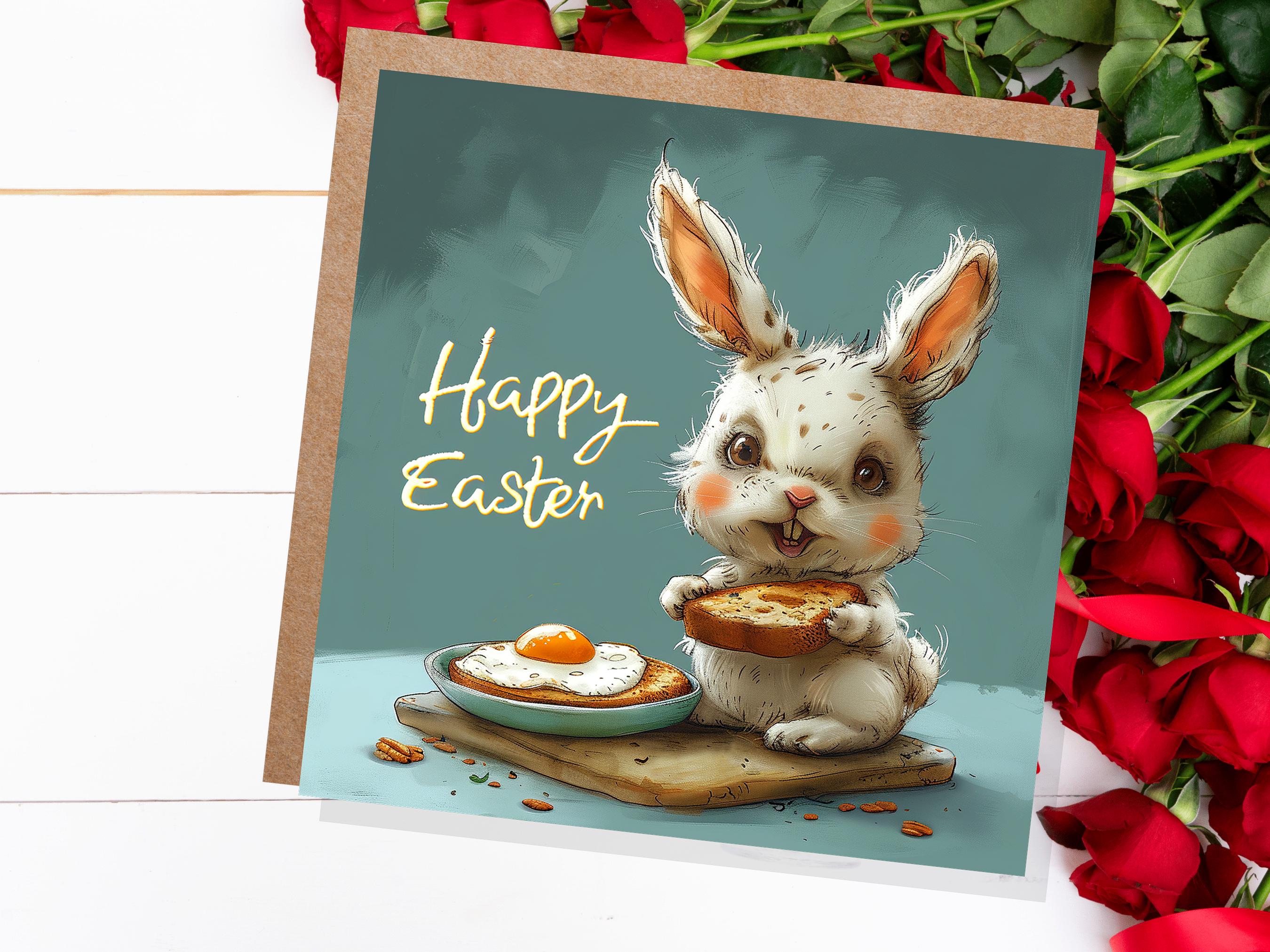 Evil Easter Bunny Card Eating Eggs on Toast Funny Alternative Illustration Creepy Horror with Rabbit Unique Greetings for Family Friends - View 3