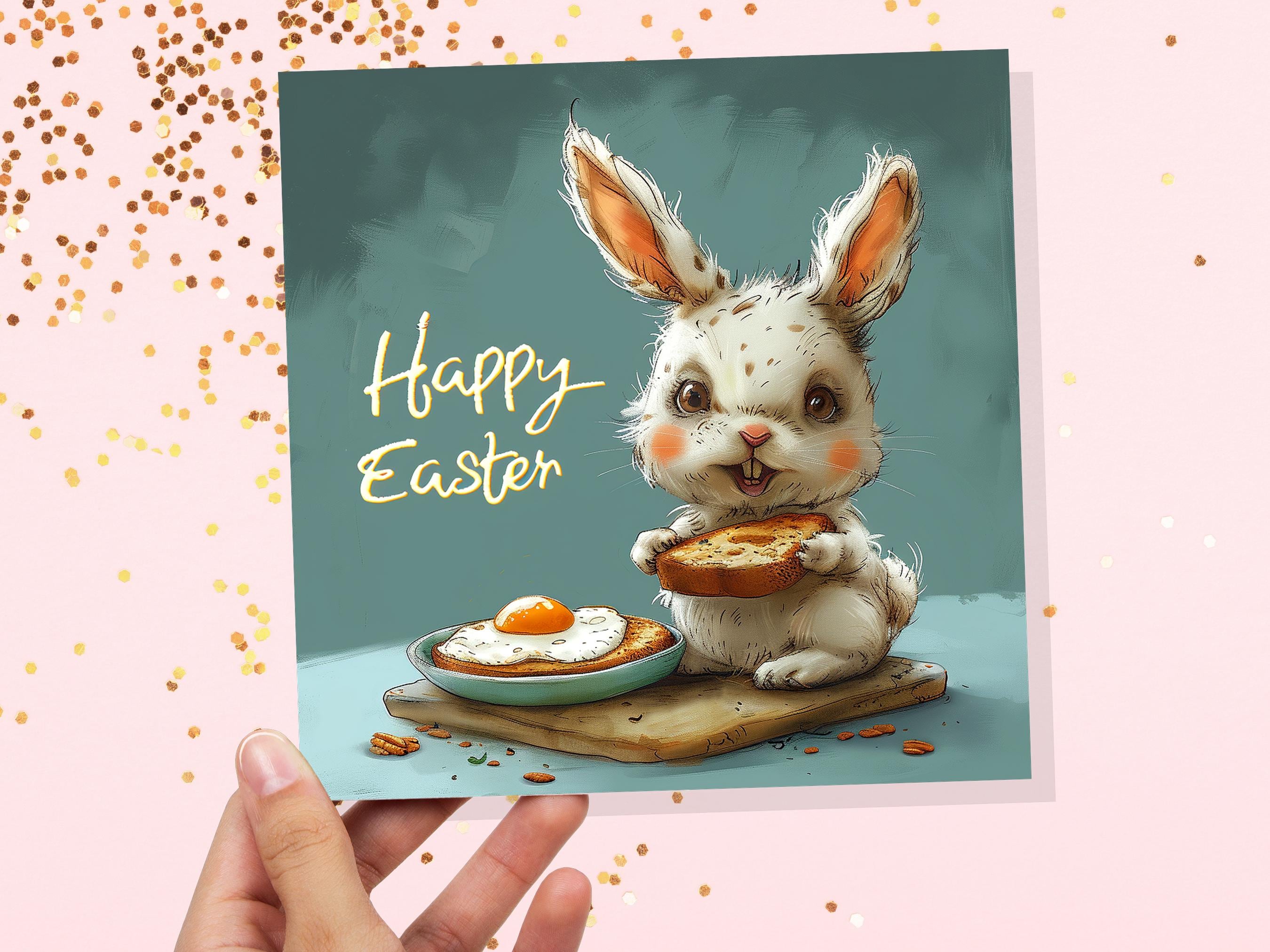 Evil Easter Bunny Card Eating Eggs on Toast Funny Alternative Illustration Creepy Horror with Rabbit Unique Greetings for Family Friends