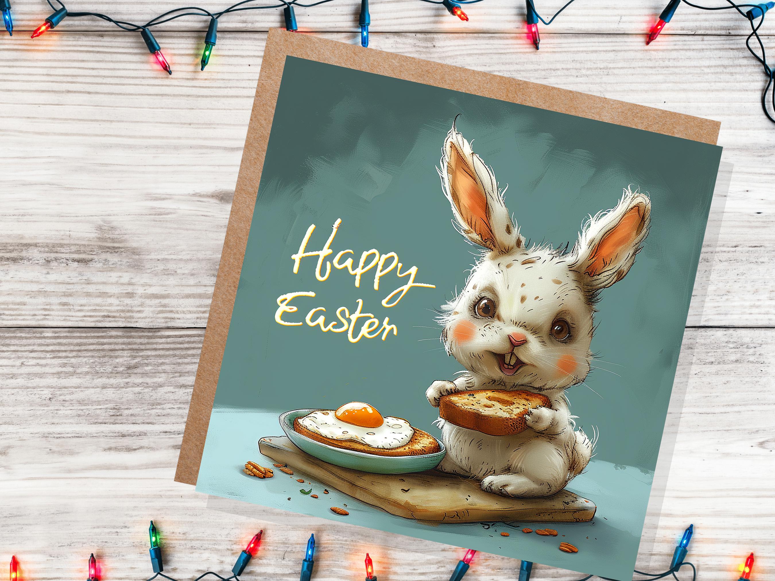 Evil Easter Bunny Card Eating Eggs on Toast Funny Alternative Illustration Creepy Horror with Rabbit Unique Greetings for Family Friends - View 2