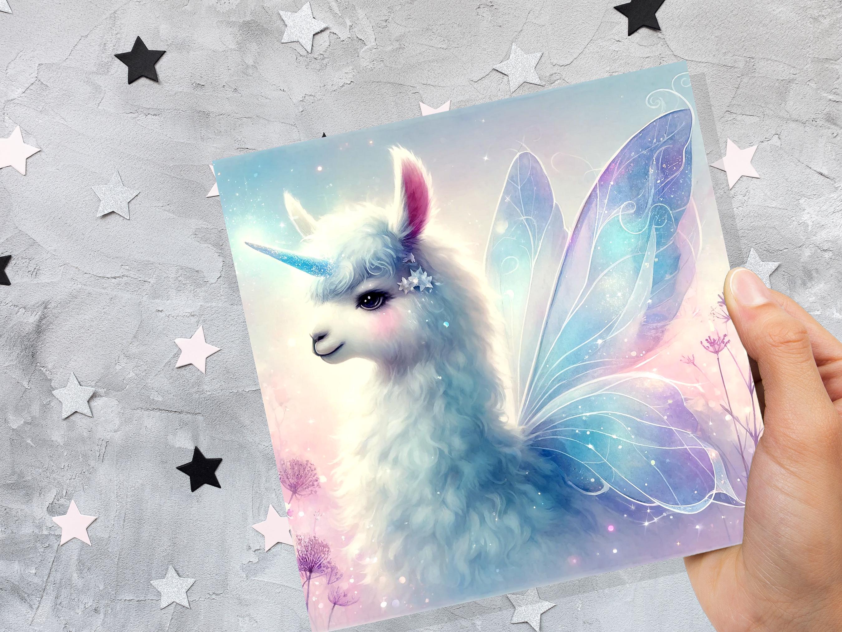 Unicorn Llama Greeting Card Fantasy Art for Child Daughter Magical Unique Fairy Wings Birthday Party Invitations Blue Purple Ethereal Whimsy - View 9