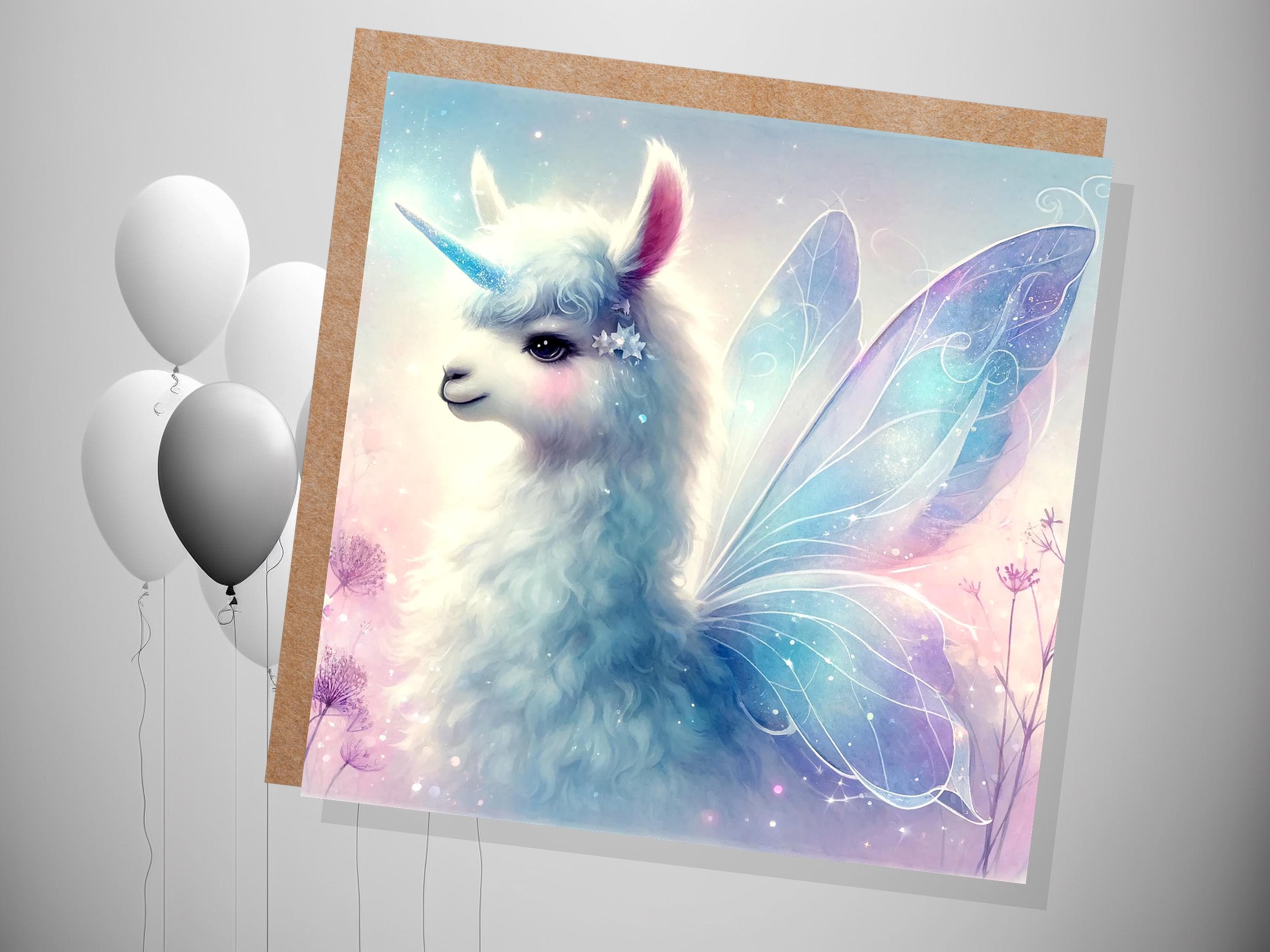Unicorn Llama Greeting Card Fantasy Art for Child Daughter Magical Unique Fairy Wings Birthday Party Invitations Blue Purple Ethereal Whimsy - View 3