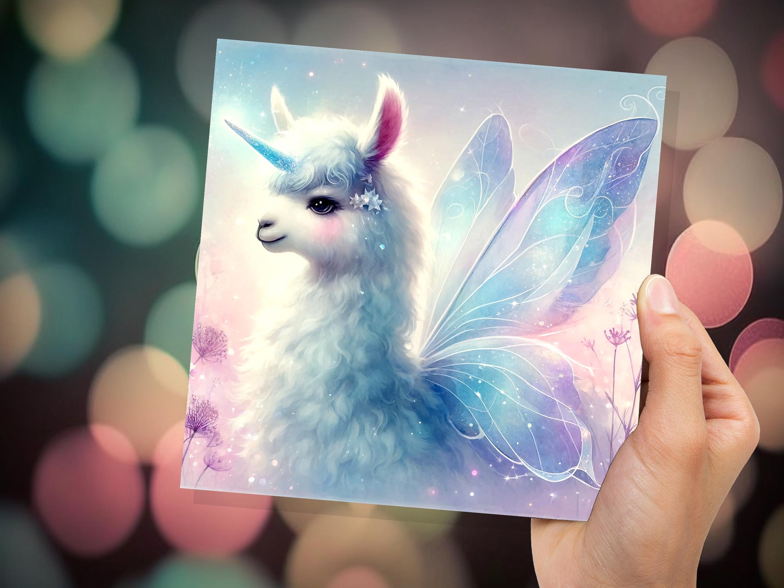 Unicorn Llama Greeting Card Fantasy Art for Child Daughter Magical Unique Fairy Wings Birthday Party Invitations Blue Purple Ethereal Whimsy - View 7