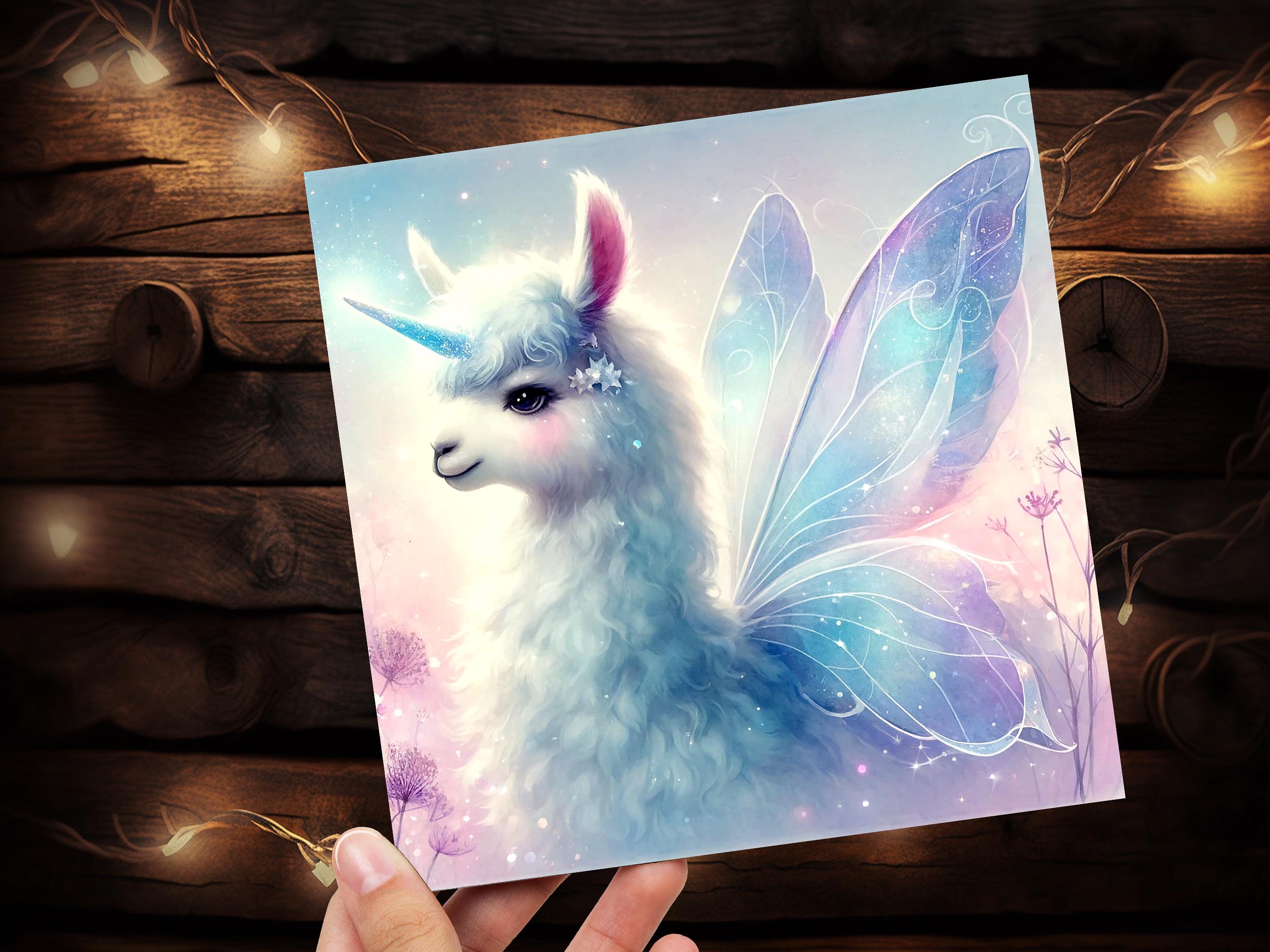 Unicorn Llama Greeting Card Fantasy Art for Child Daughter Magical Unique Fairy Wings Birthday Party Invitations Blue Purple Ethereal Whimsy - View 4
