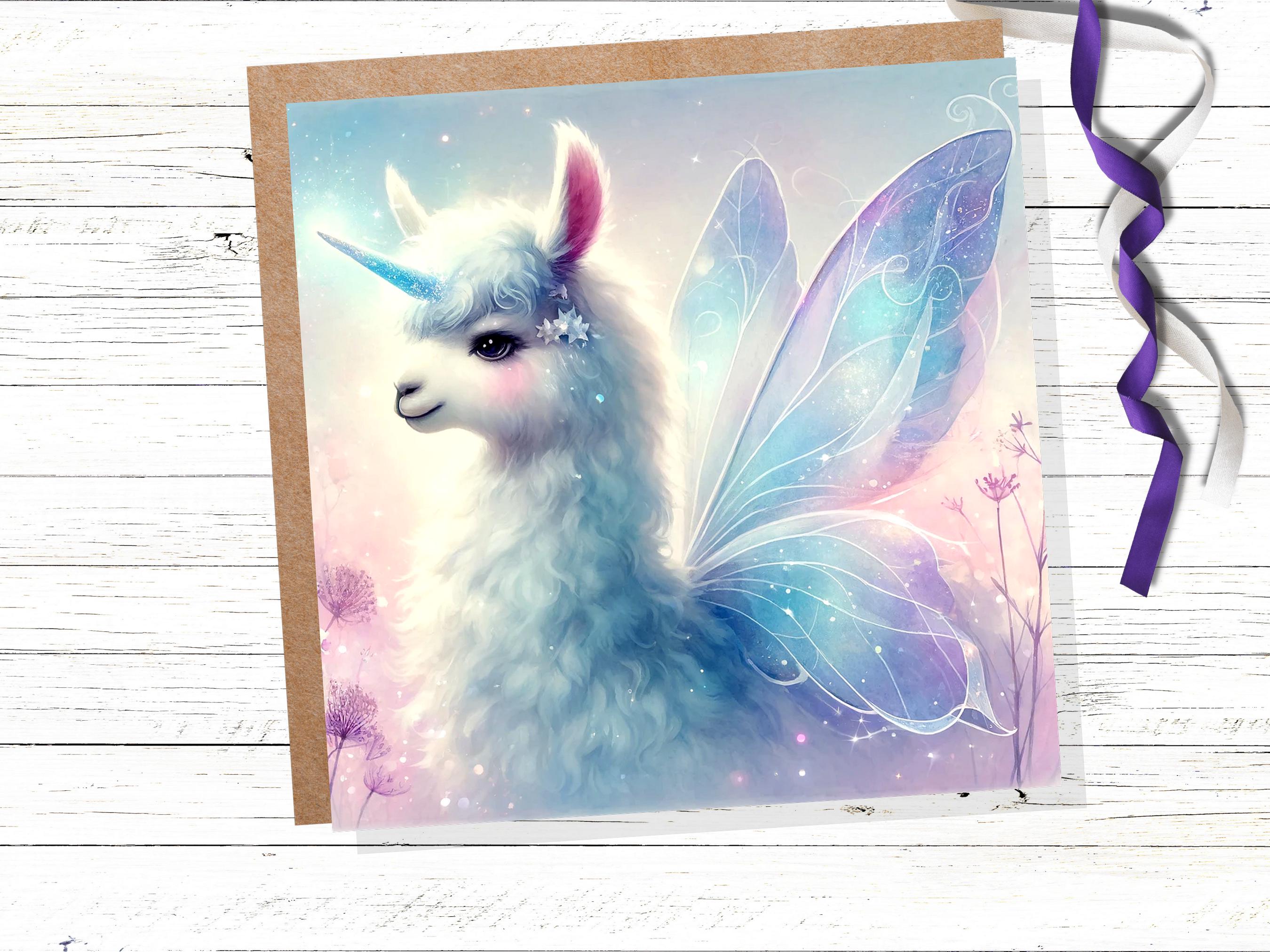 Unicorn Llama Greeting Card Fantasy Art for Child Daughter Magical Unique Fairy Wings Birthday Party Invitations Blue Purple Ethereal Whimsy - View 2