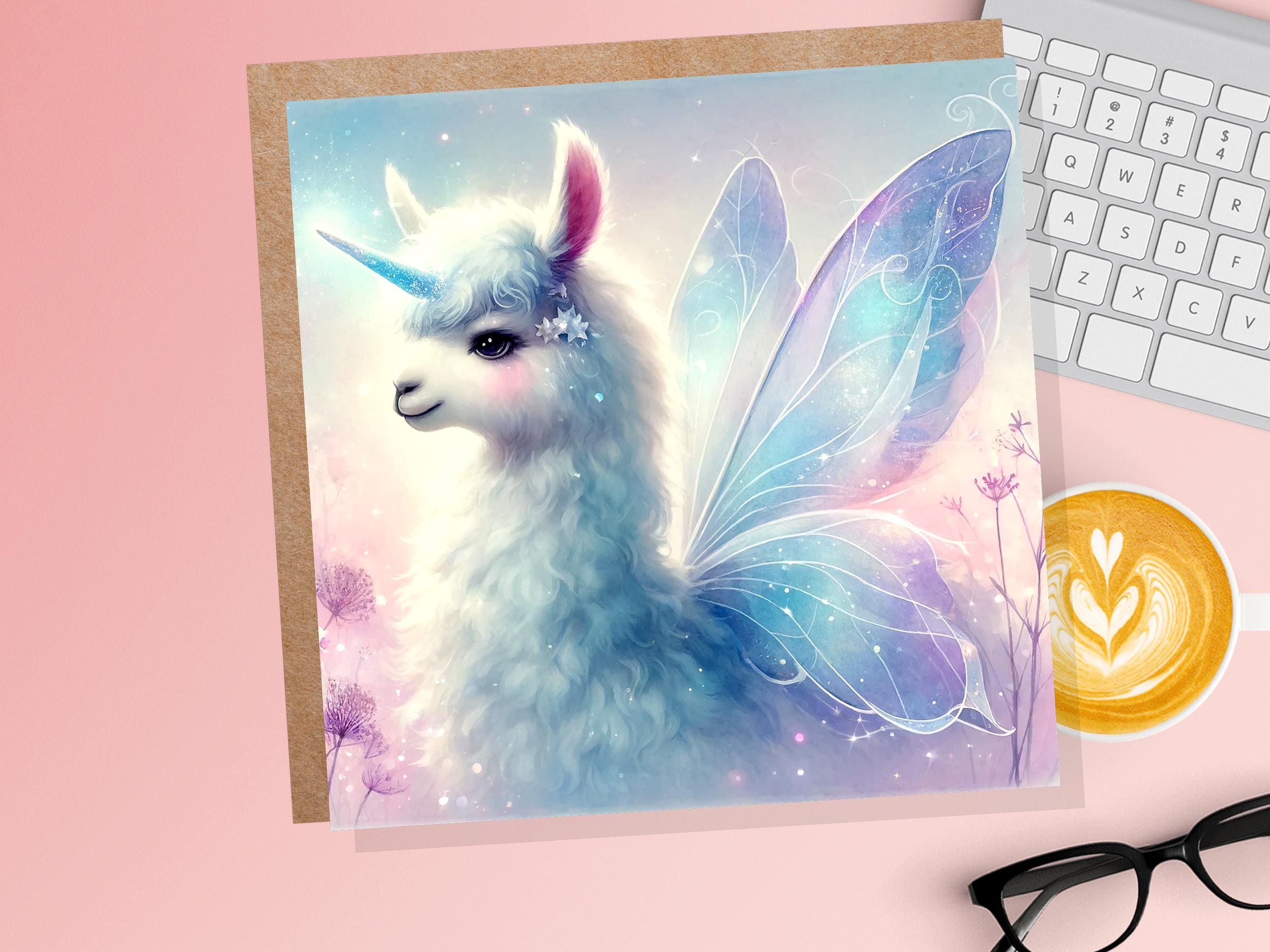 Unicorn Llama Greeting Card Fantasy Art for Child Daughter Magical Unique Fairy Wings Birthday Party Invitations Blue Purple Ethereal Whimsy - View 6