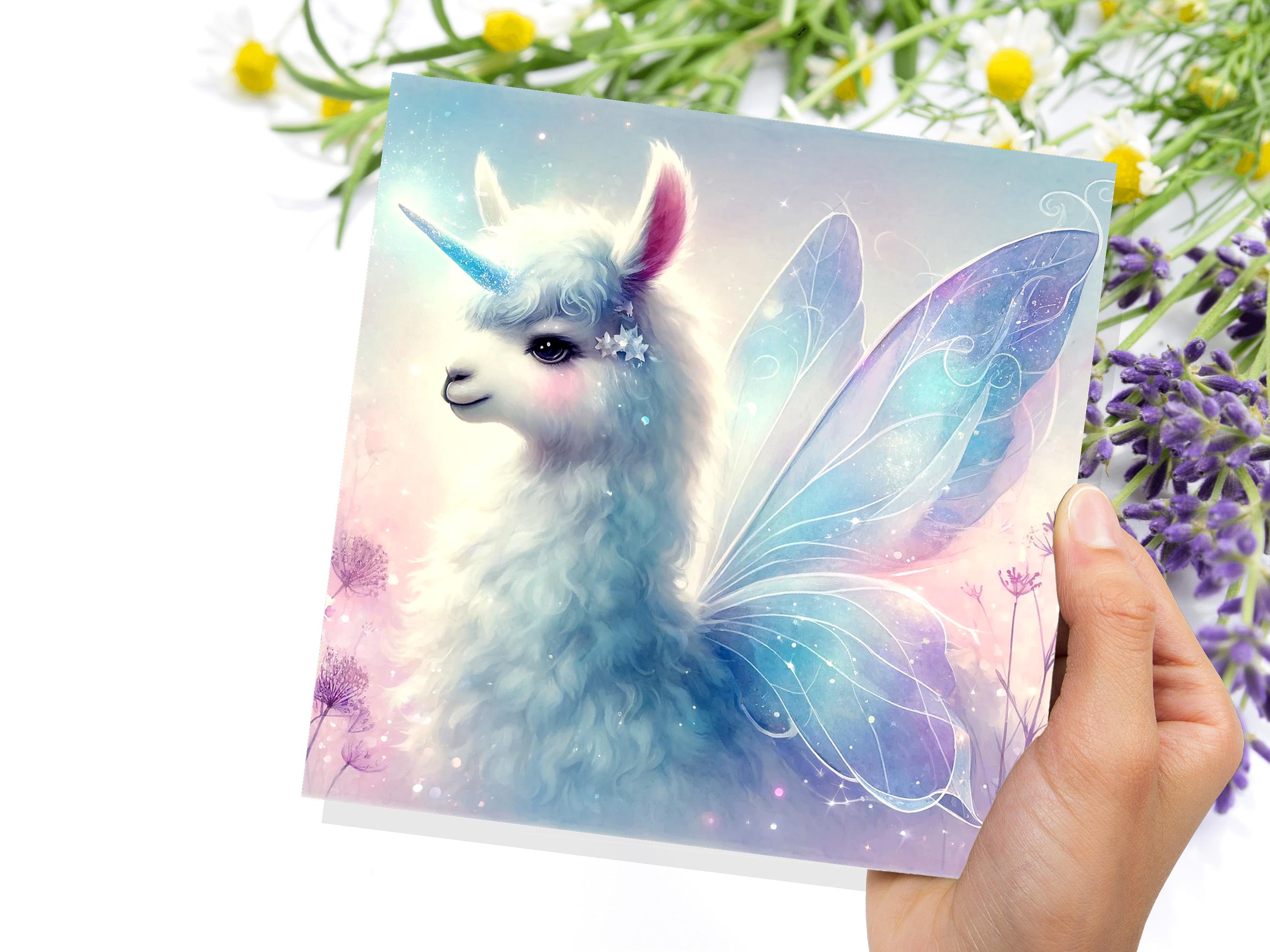Unicorn Llama Greeting Card Fantasy Art for Child Daughter Magical Unique Fairy Wings Birthday Party Invitations Blue Purple Ethereal Whimsy - View 8