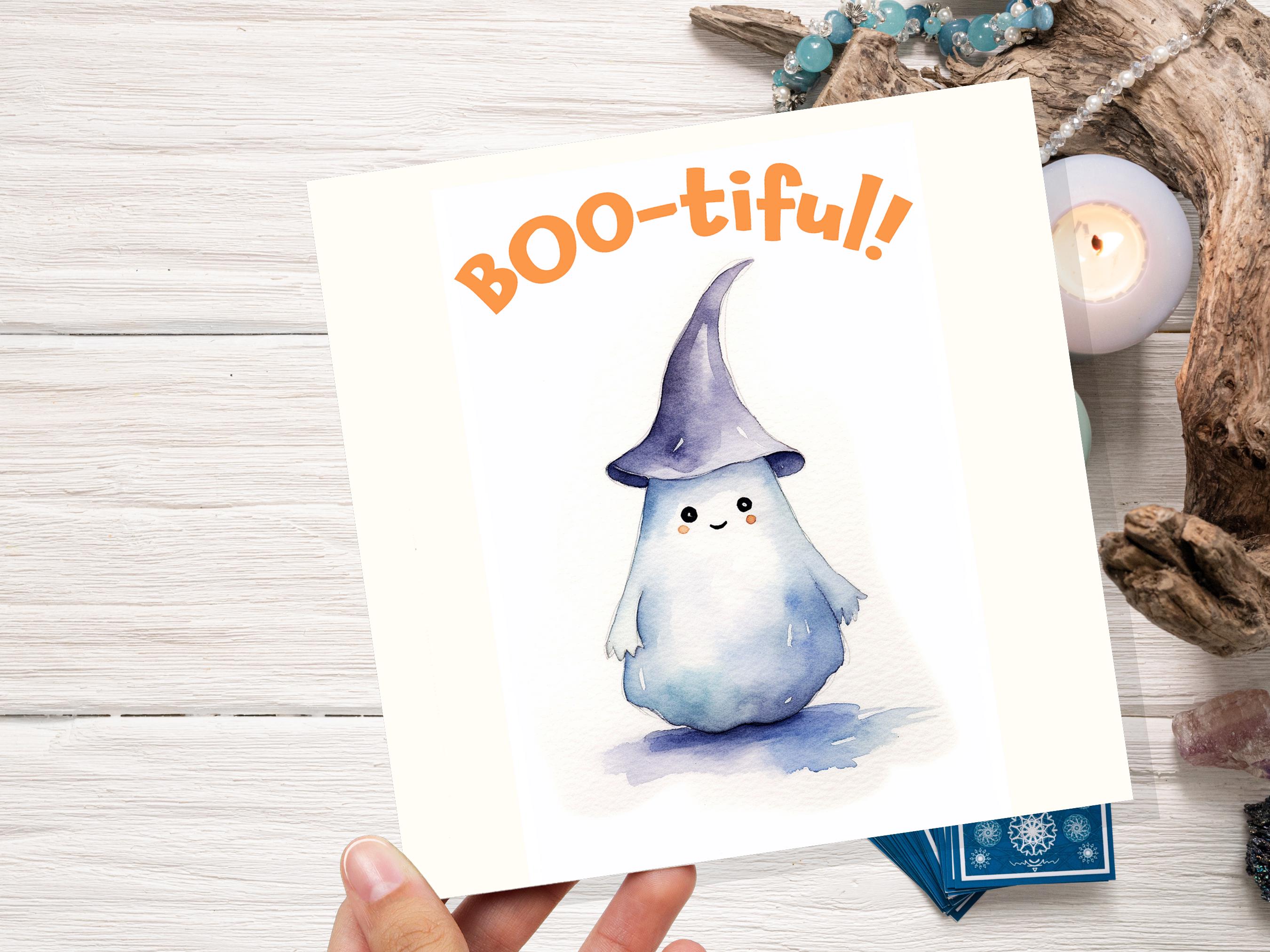 Boo-tiful Ghost Witch Card Cute Watercolor Halloween Greetings for Family Friends Unique Spooky Whimsical Design Custom Invites New for 2025 - View 5