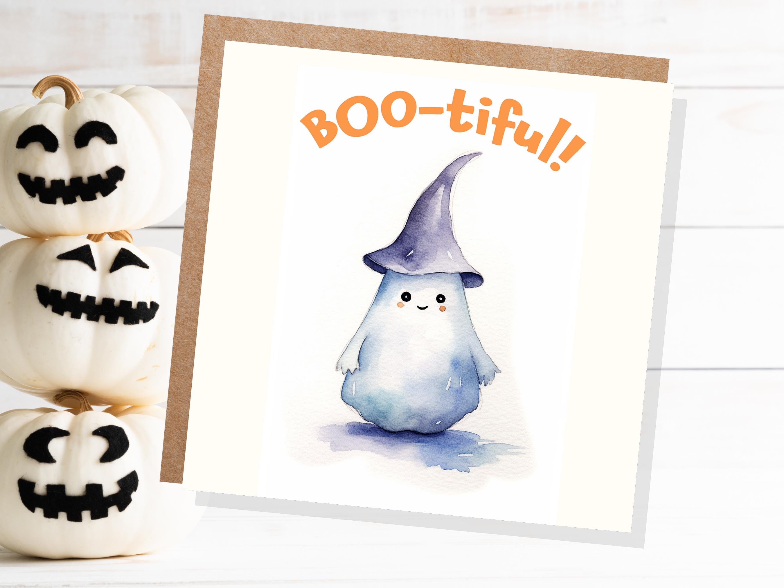 Boo-tiful Ghost Witch Card Cute Watercolor Halloween Greetings for Family Friends Unique Spooky Whimsical Design Custom Invites New for 2025 - View 2