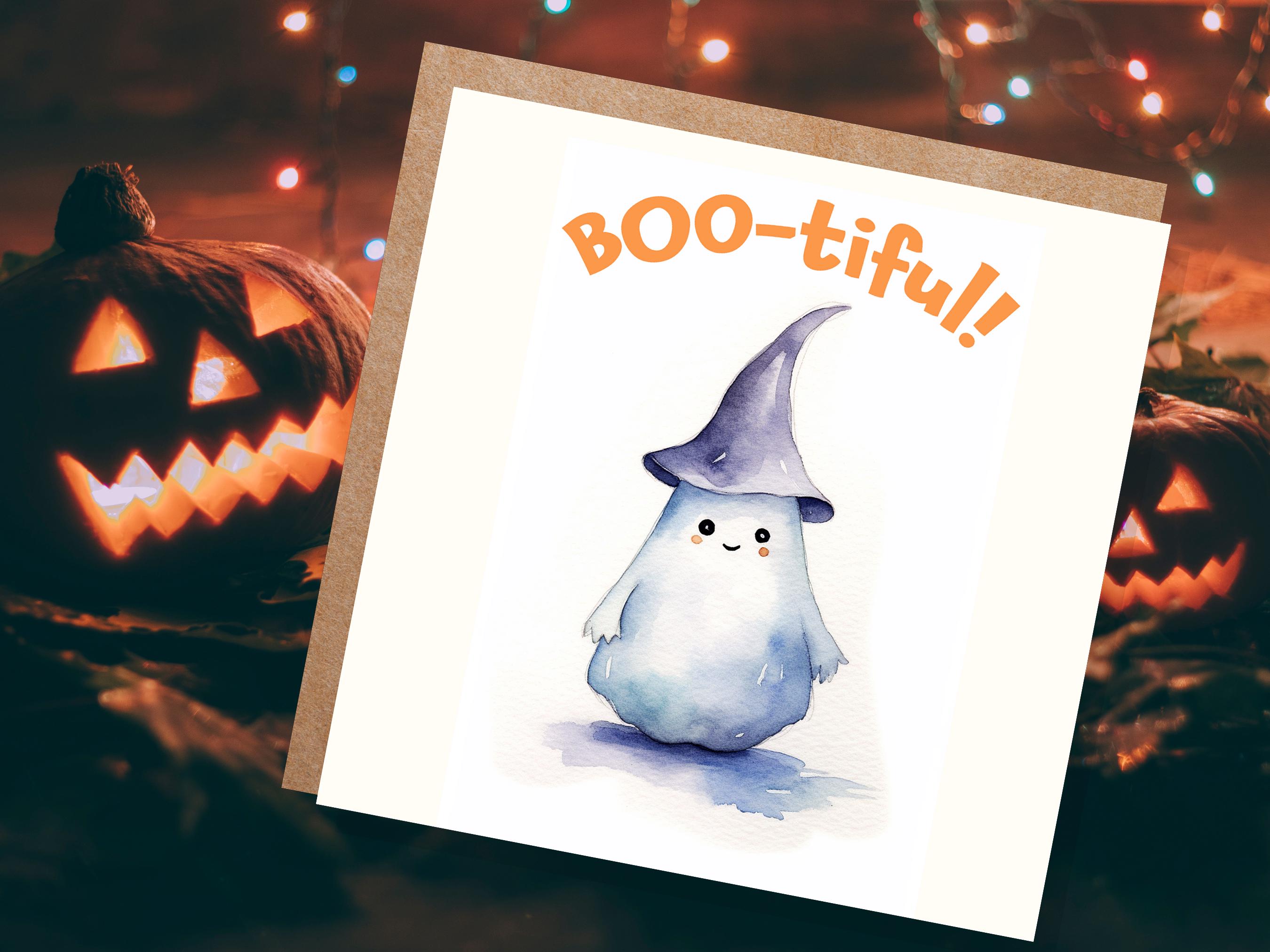 Boo-tiful Ghost Witch Card Cute Watercolor Halloween Greetings for Family Friends Unique Spooky Whimsical Design Custom Invites New for 2025 - View 3