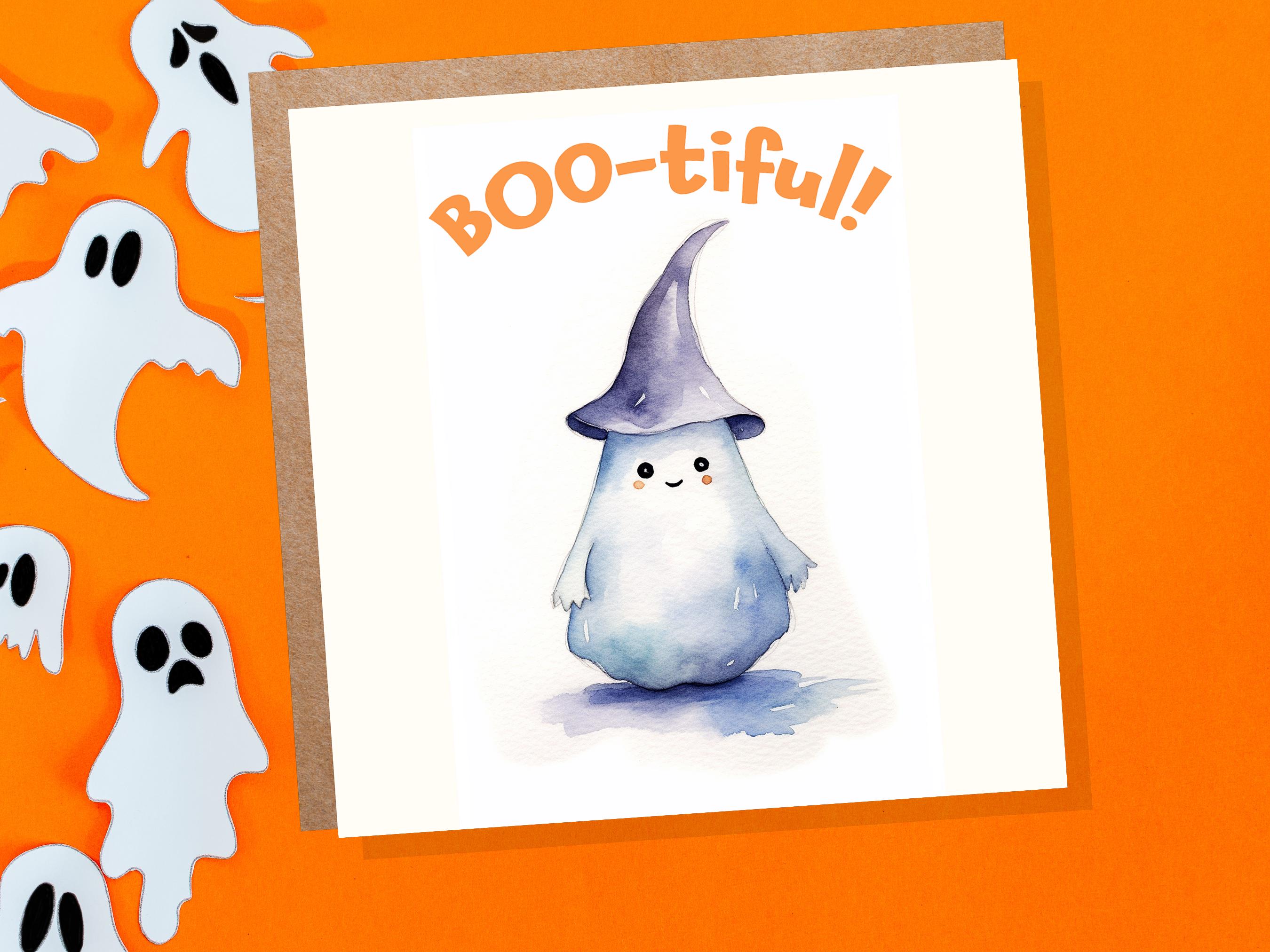 Boo-tiful Ghost Witch Card Cute Watercolor Halloween Greetings for Family Friends Unique Spooky Whimsical Design Custom Invites New for 2025