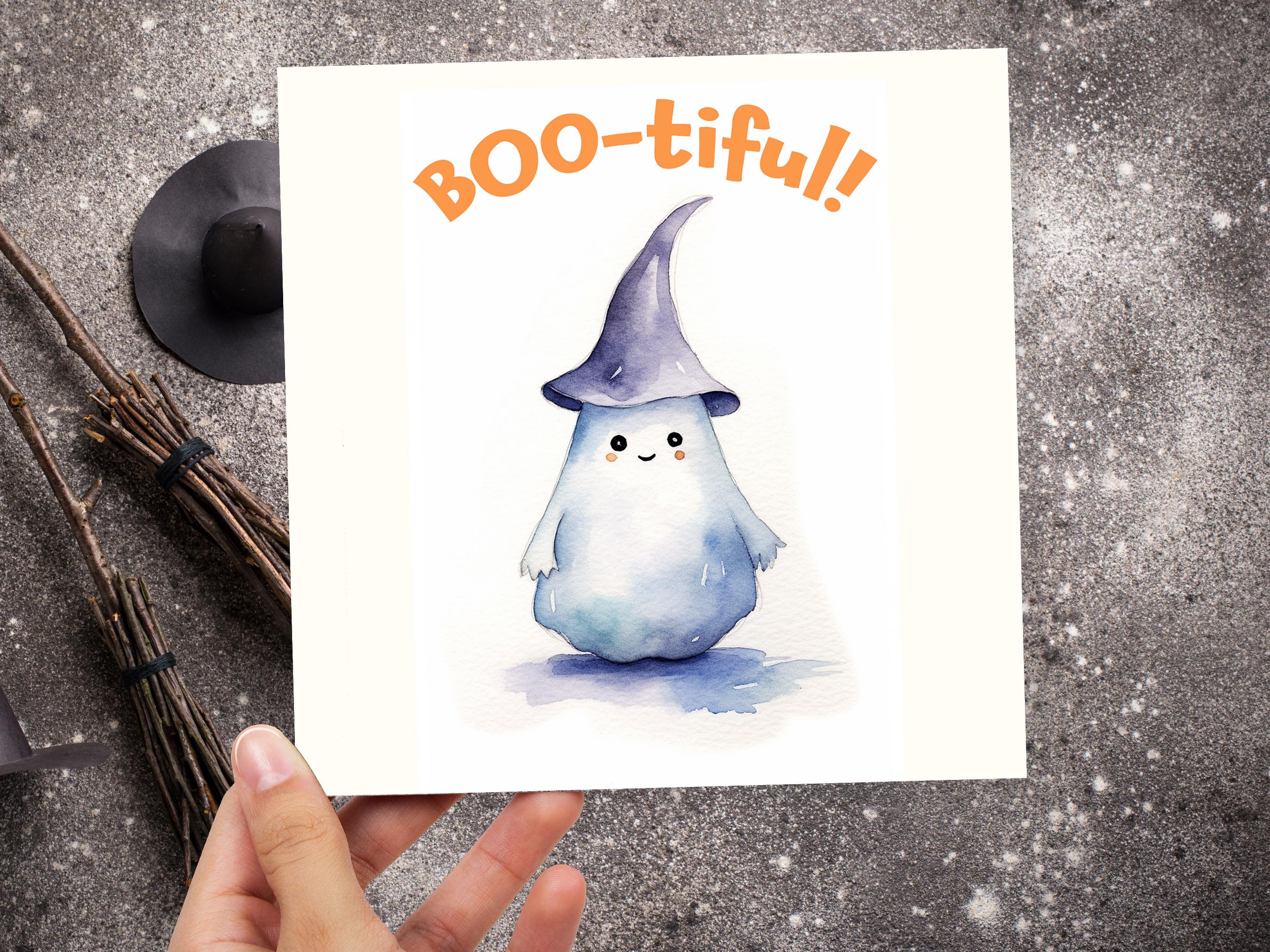 Boo-tiful Ghost Witch Card Cute Watercolor Halloween Greetings for Family Friends Unique Spooky Whimsical Design Custom Invites New for 2025 - View 4