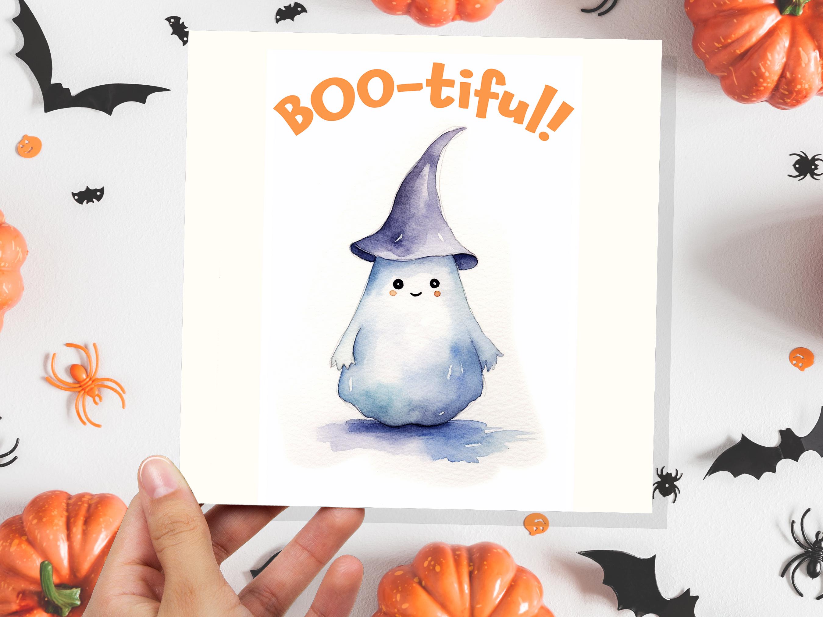 Boo-tiful Ghost Witch Card Cute Watercolor Halloween Greetings for Family Friends Unique Spooky Whimsical Design Custom Invites New for 2025 - View 6