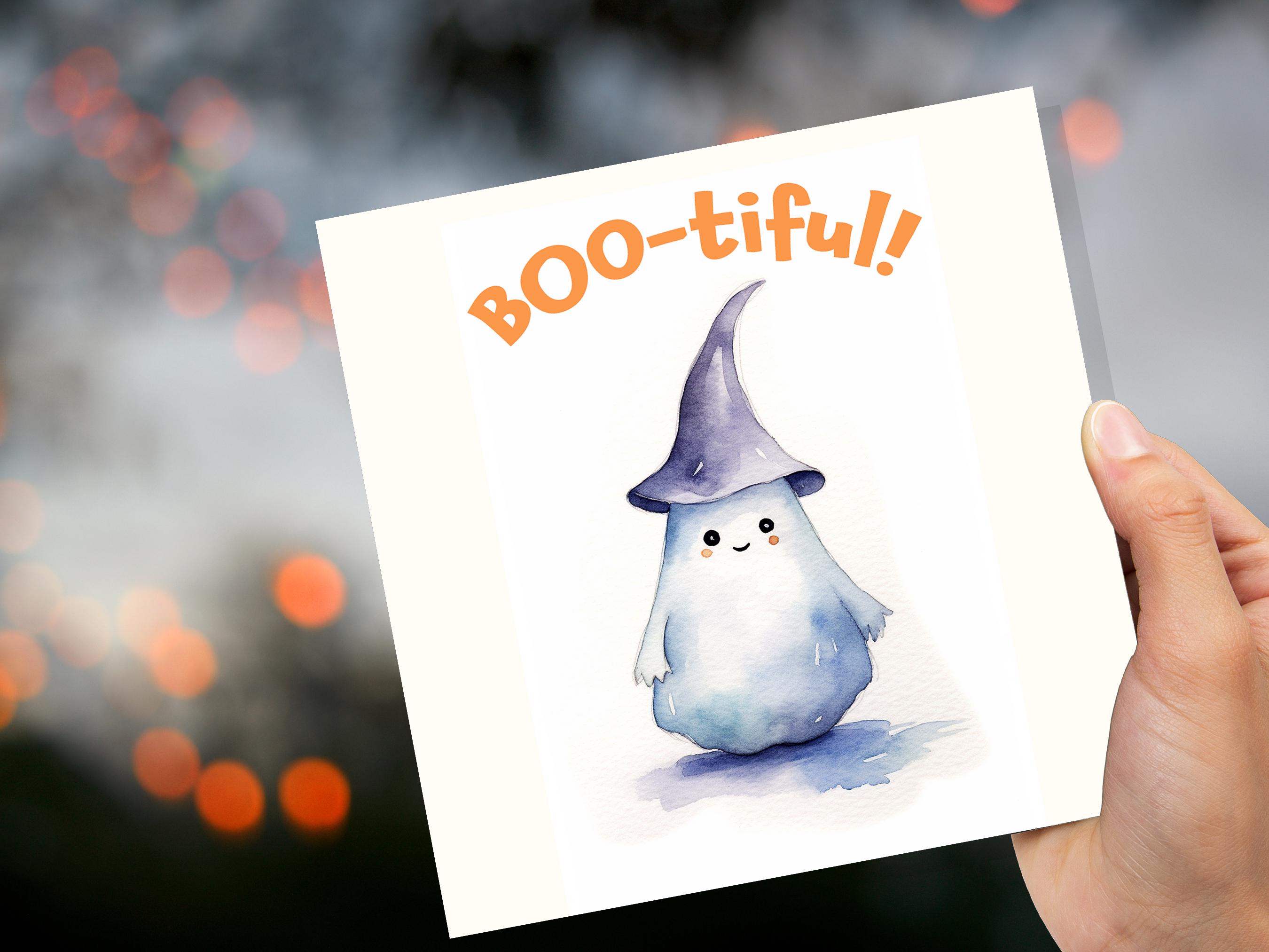 Boo-tiful Ghost Witch Card Cute Watercolor Halloween Greetings for Family Friends Unique Spooky Whimsical Design Custom Invites New for 2025 - View 7