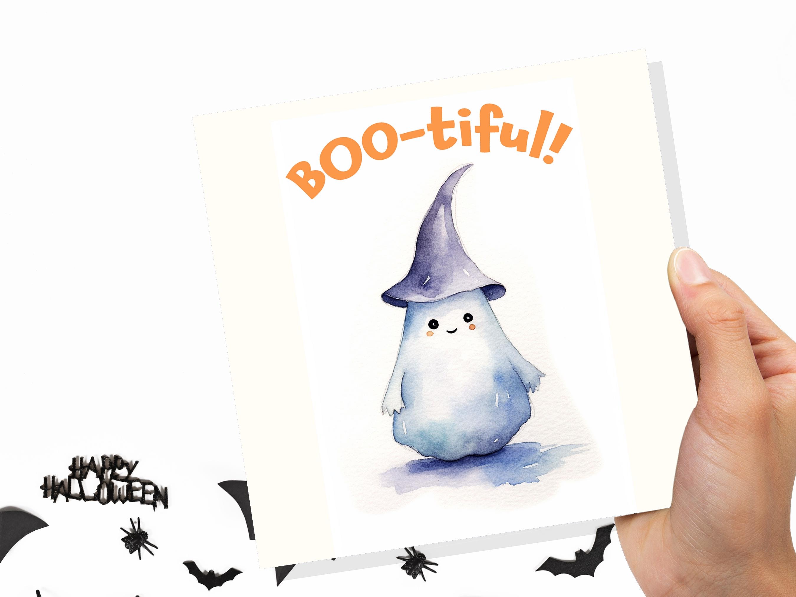Boo-tiful Ghost Witch Card Cute Watercolor Halloween Greetings for Family Friends Unique Spooky Whimsical Design Custom Invites New for 2025 - View 8