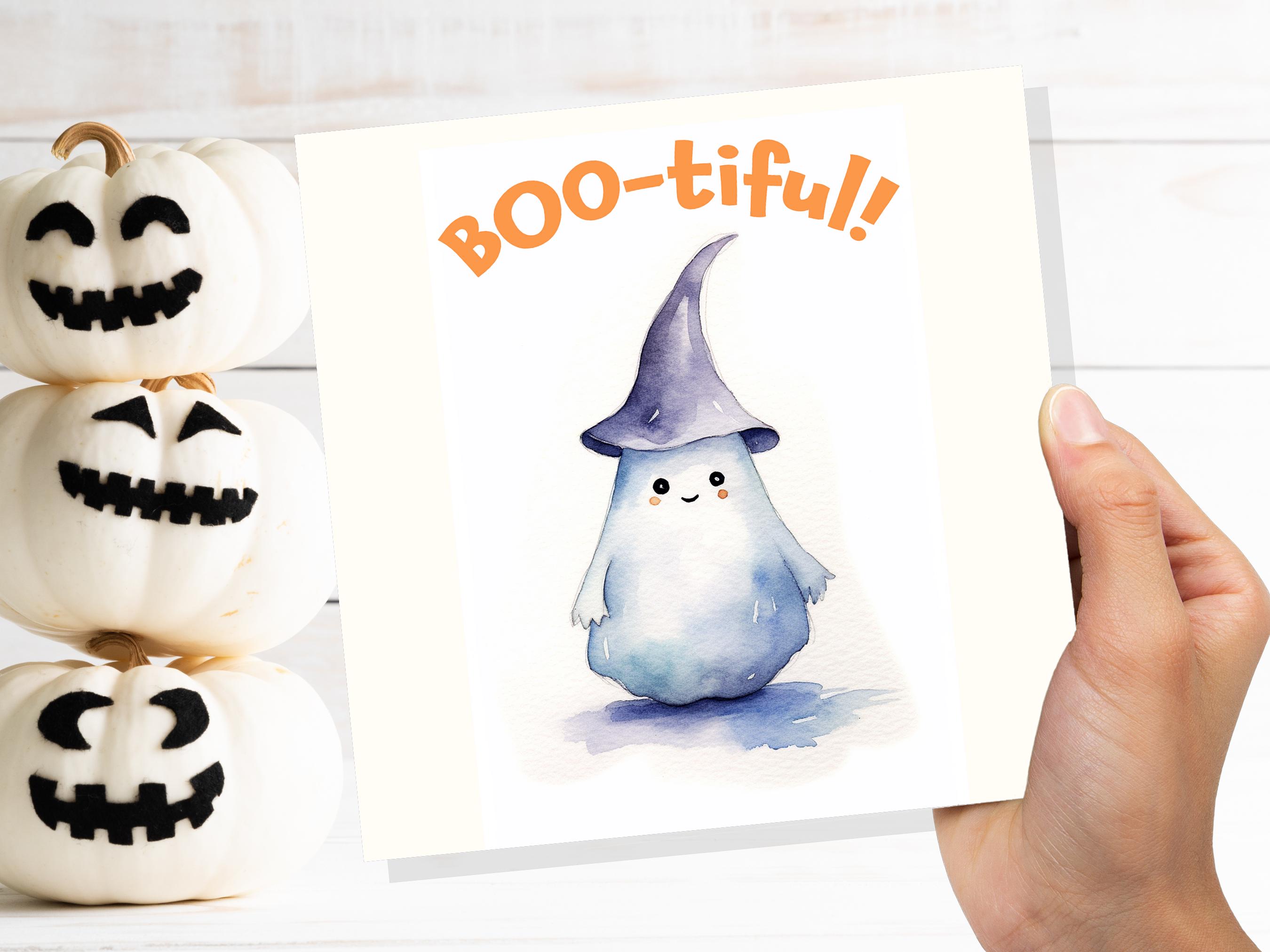 Boo-tiful Ghost Witch Card Cute Watercolor Halloween Greetings for Family Friends Unique Spooky Whimsical Design Custom Invites New for 2025 - View 9
