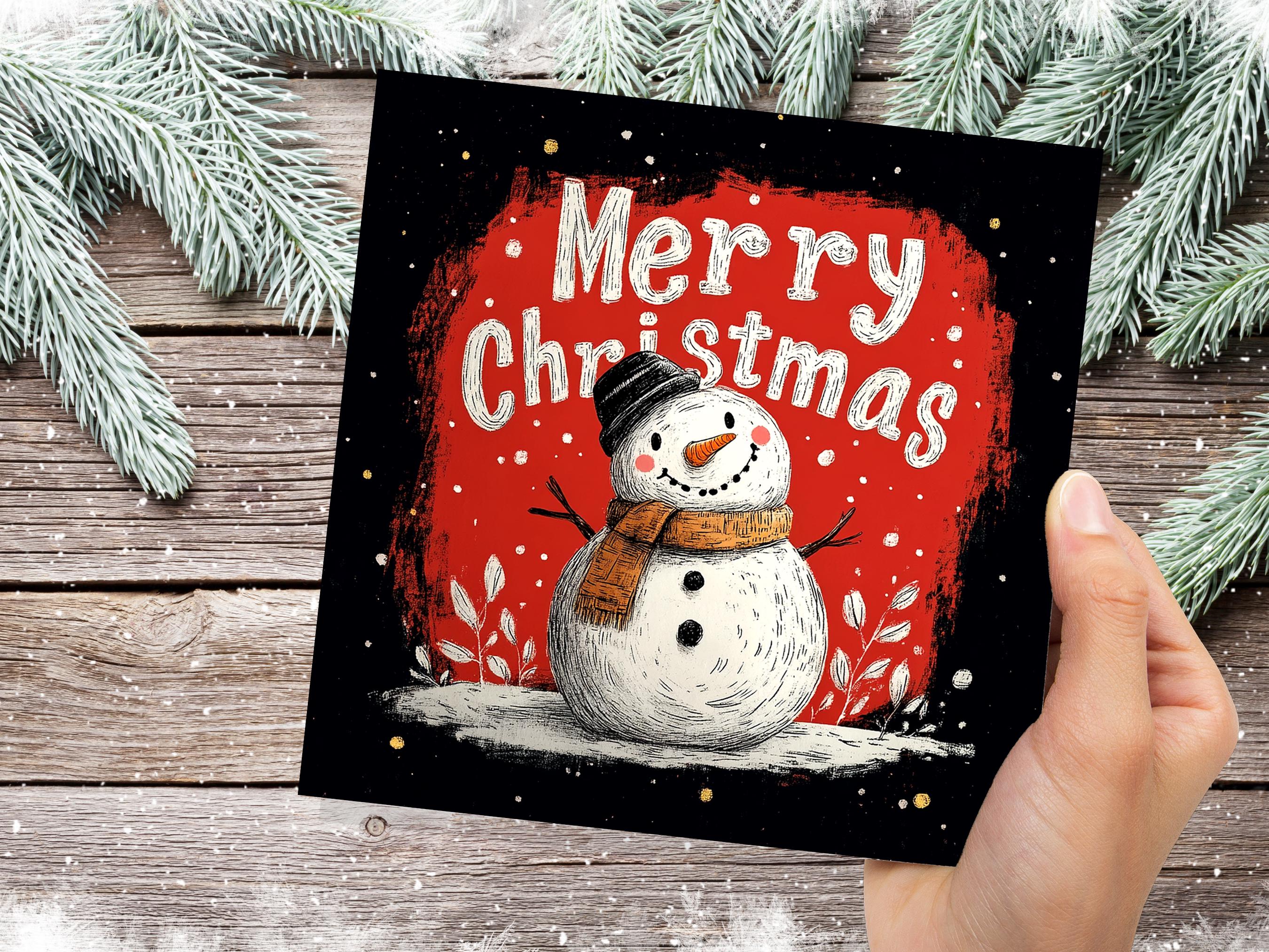 Merry Christmas Lettering Card with Cute Snowman Illustration Festive Red Background Family & Friends Unique Holiday Card New for Xmas 2025 - View 7