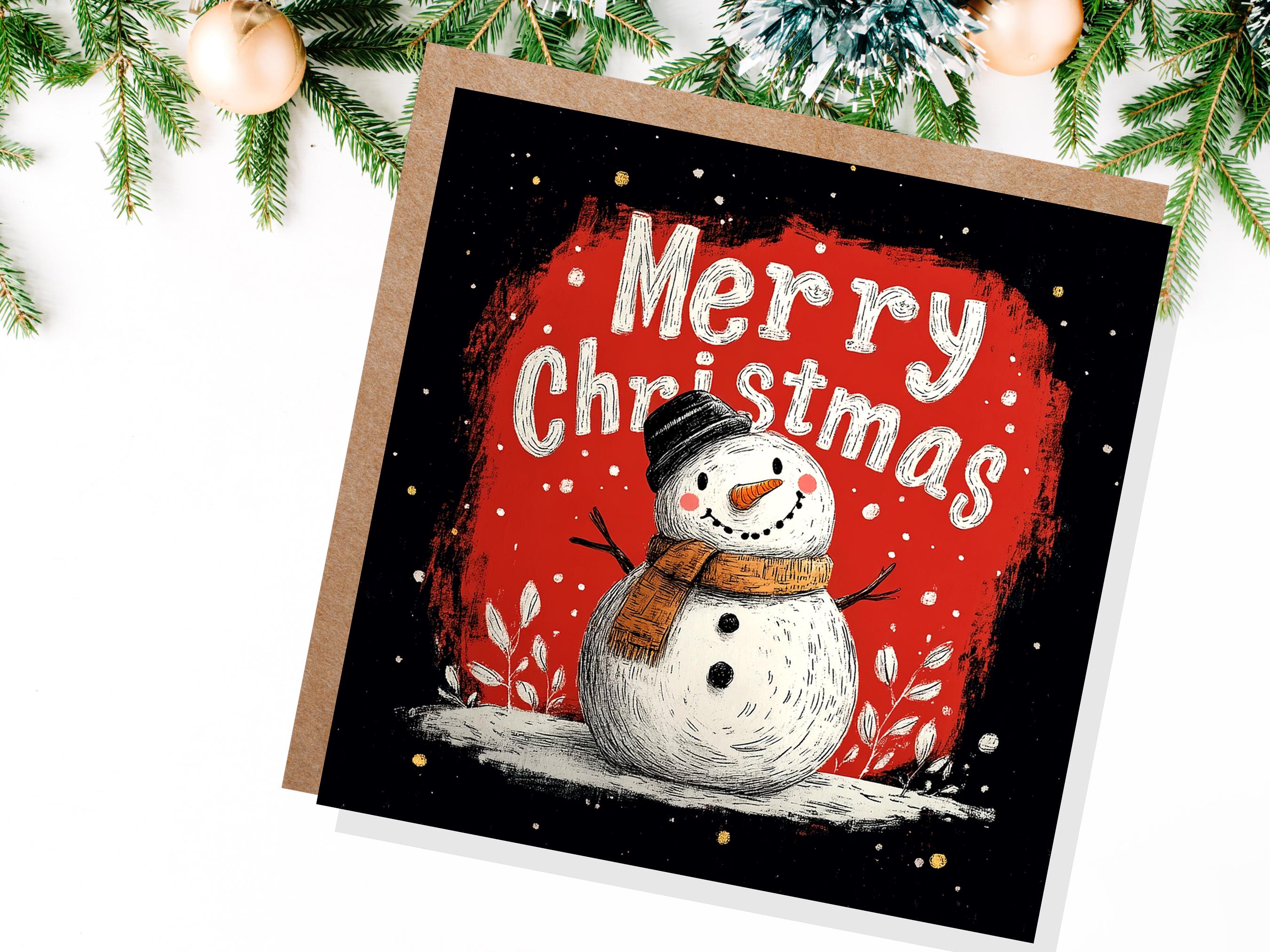 Merry Christmas Lettering Card with Cute Snowman Illustration Festive Red Background Family & Friends Unique Holiday Card New for Xmas 2025 - View 2