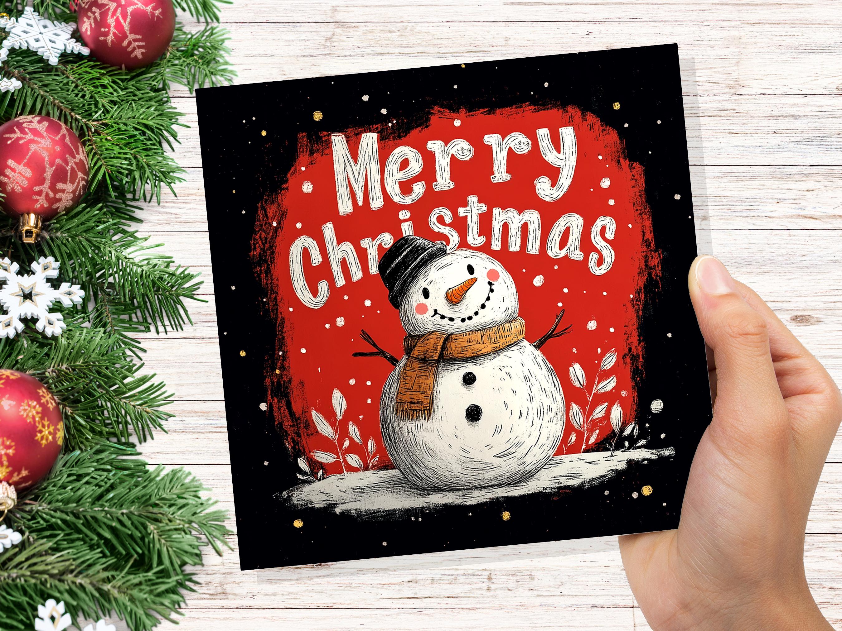 Merry Christmas Lettering Card with Cute Snowman Illustration Festive Red Background Family & Friends Unique Holiday Card New for Xmas 2025 - View 9