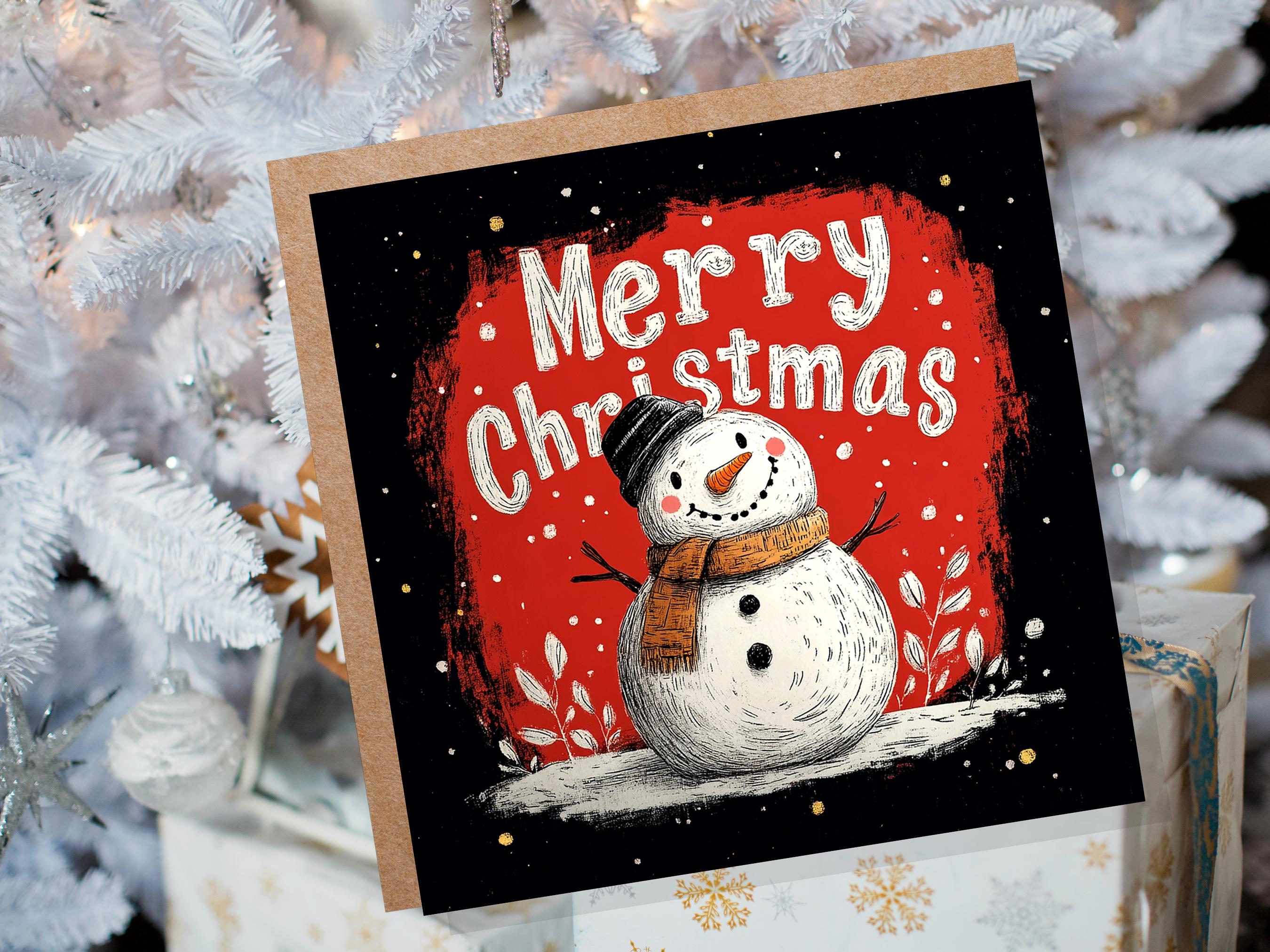 Merry Christmas Lettering Card with Cute Snowman Illustration Festive Red Background Family & Friends Unique Holiday Card New for Xmas 2025 - View 8