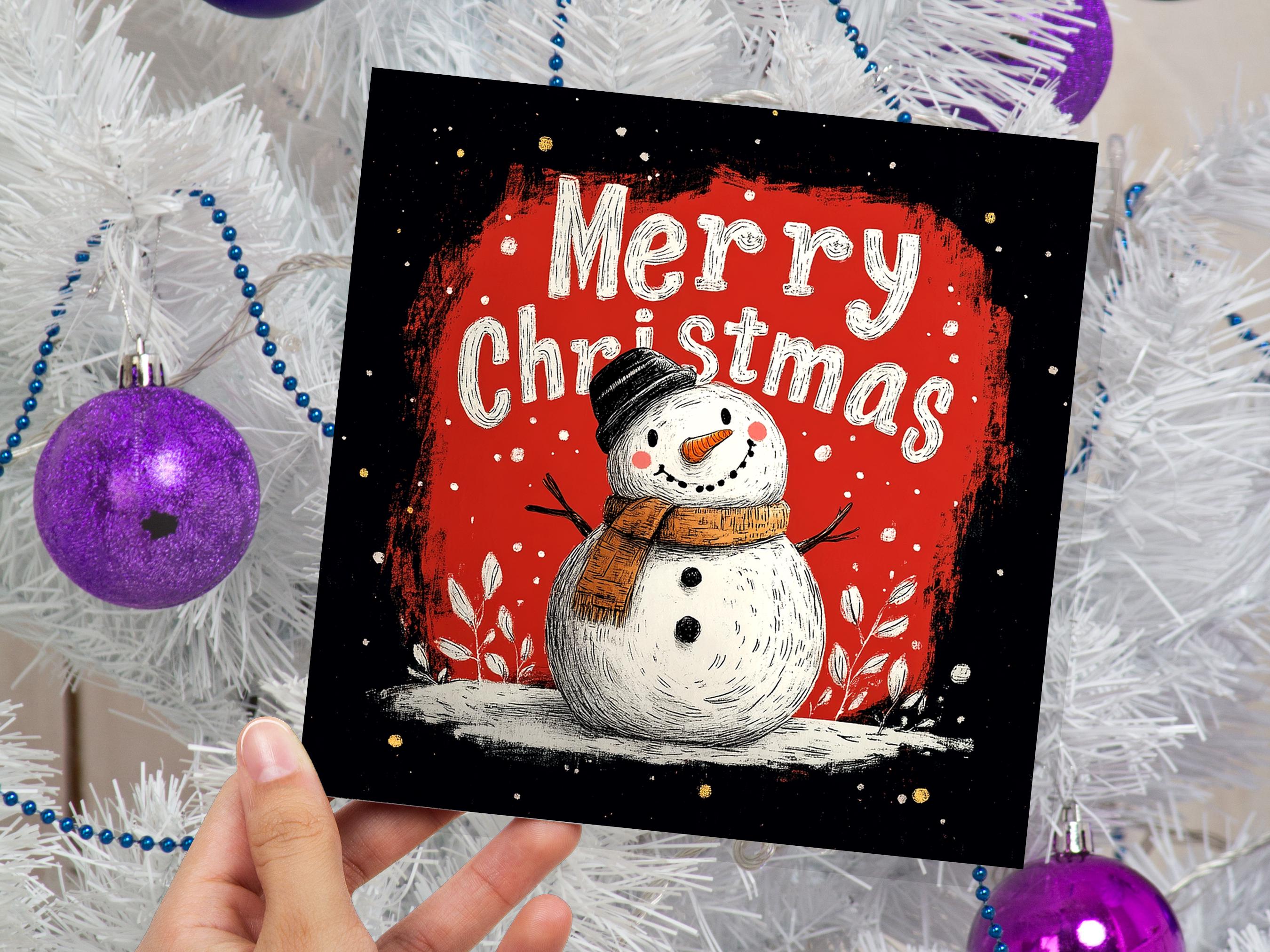 Merry Christmas Lettering Card with Cute Snowman Illustration Festive Red Background Family & Friends Unique Holiday Card New for Xmas 2025 - View 5
