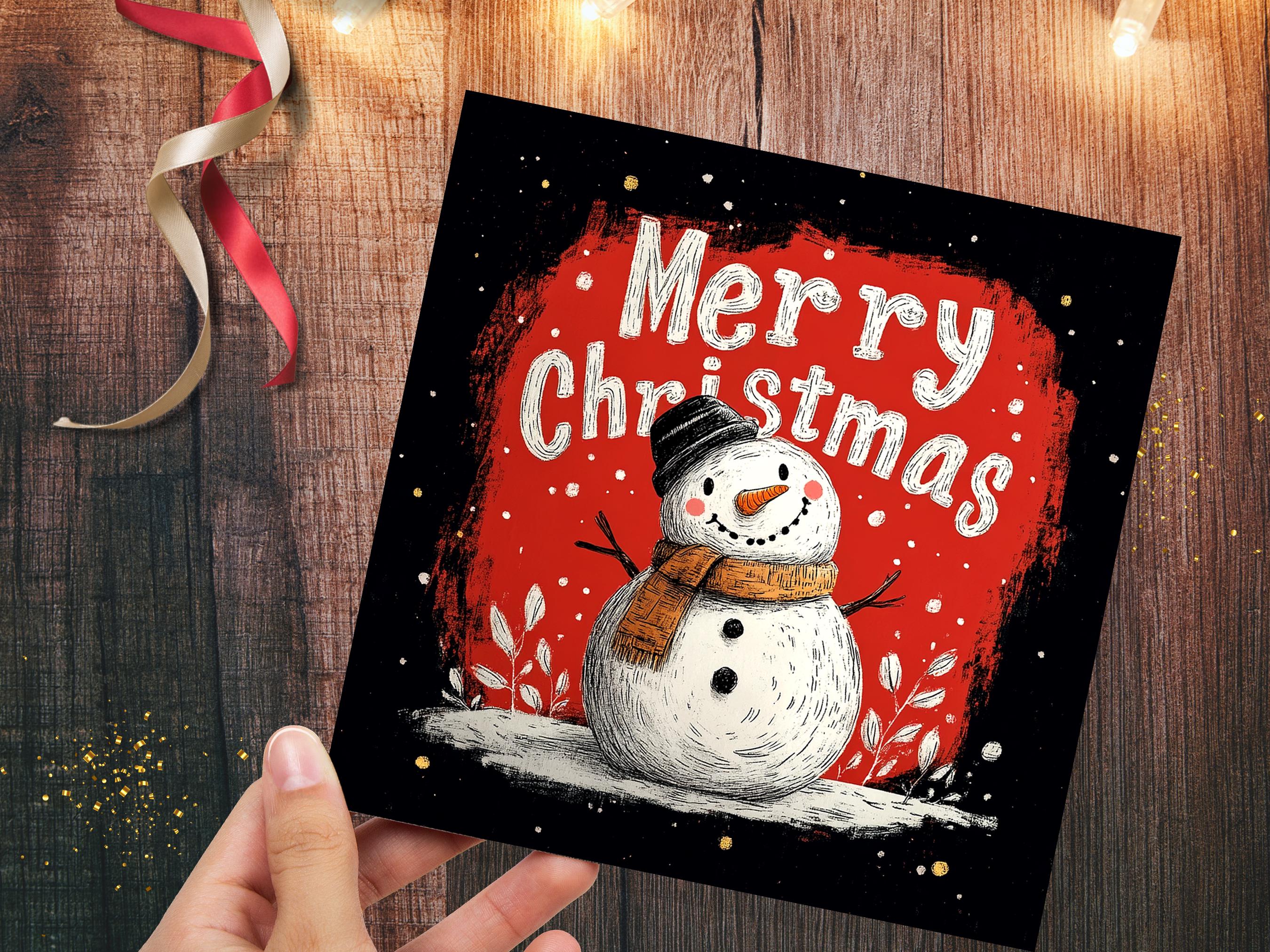 Merry Christmas Lettering Card with Cute Snowman Illustration Festive Red Background Family & Friends Unique Holiday Card New for Xmas 2025 - View 6