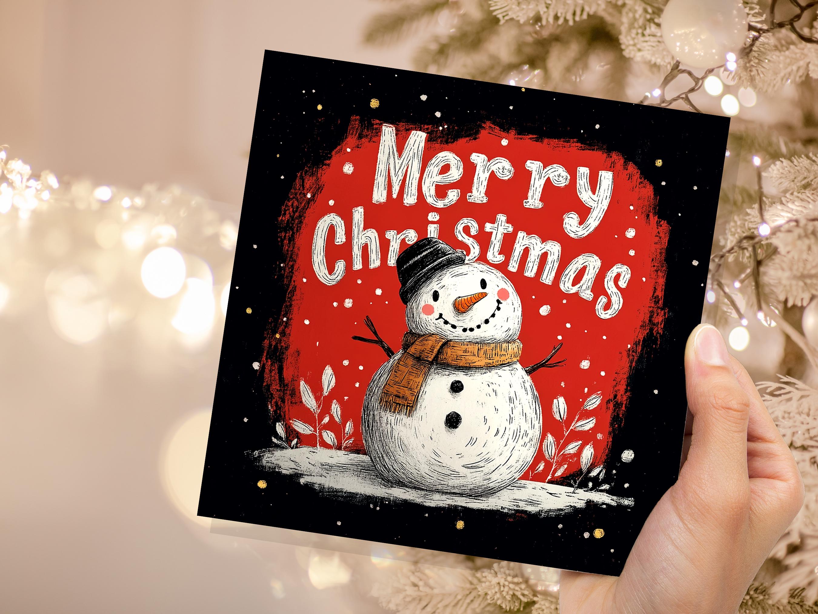 Merry Christmas Lettering Card with Cute Snowman Illustration Festive Red Background Family & Friends Unique Holiday Card New for Xmas 2025