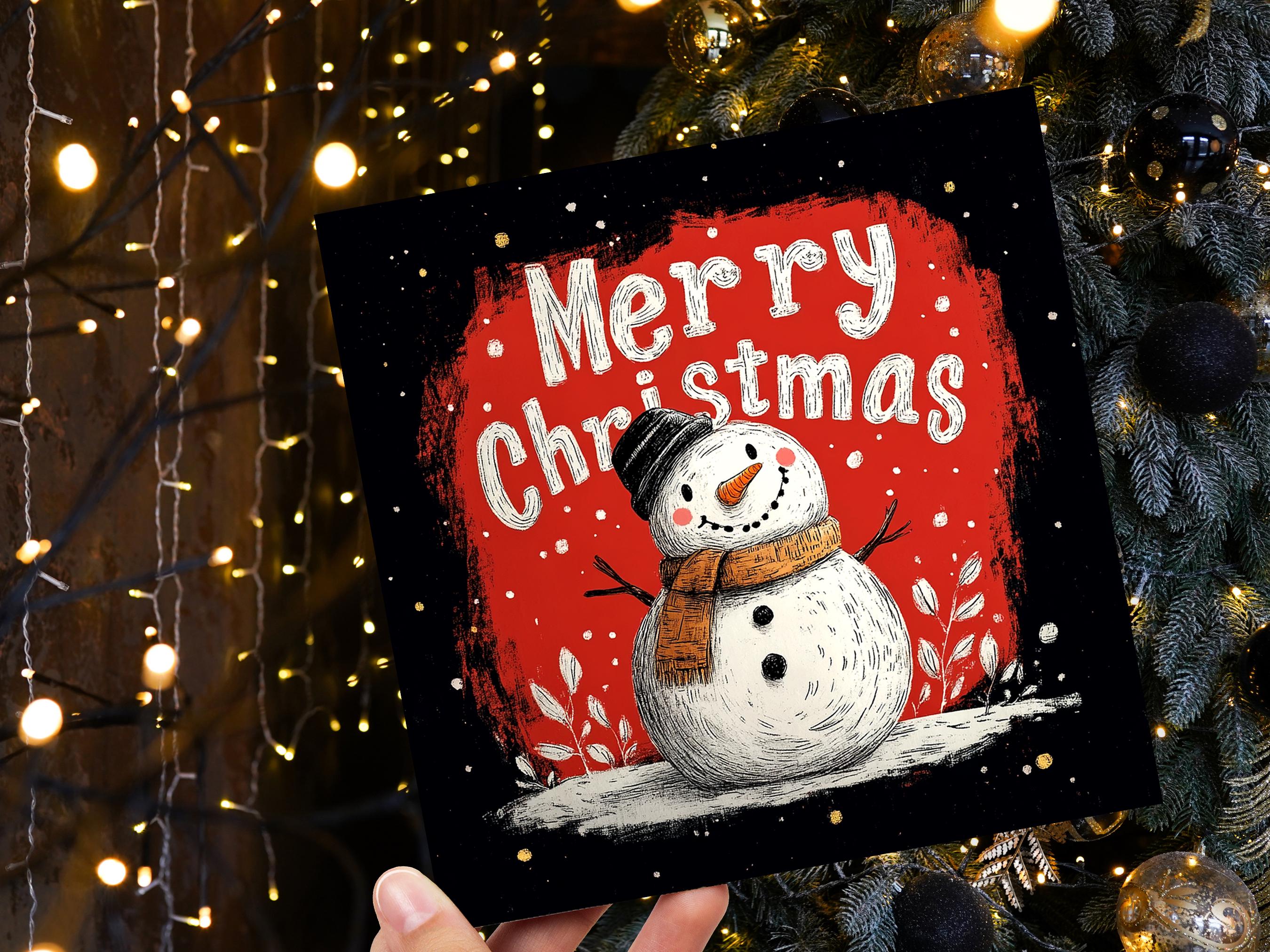 Merry Christmas Lettering Card with Cute Snowman Illustration Festive Red Background Family & Friends Unique Holiday Card New for Xmas 2025 - View 3