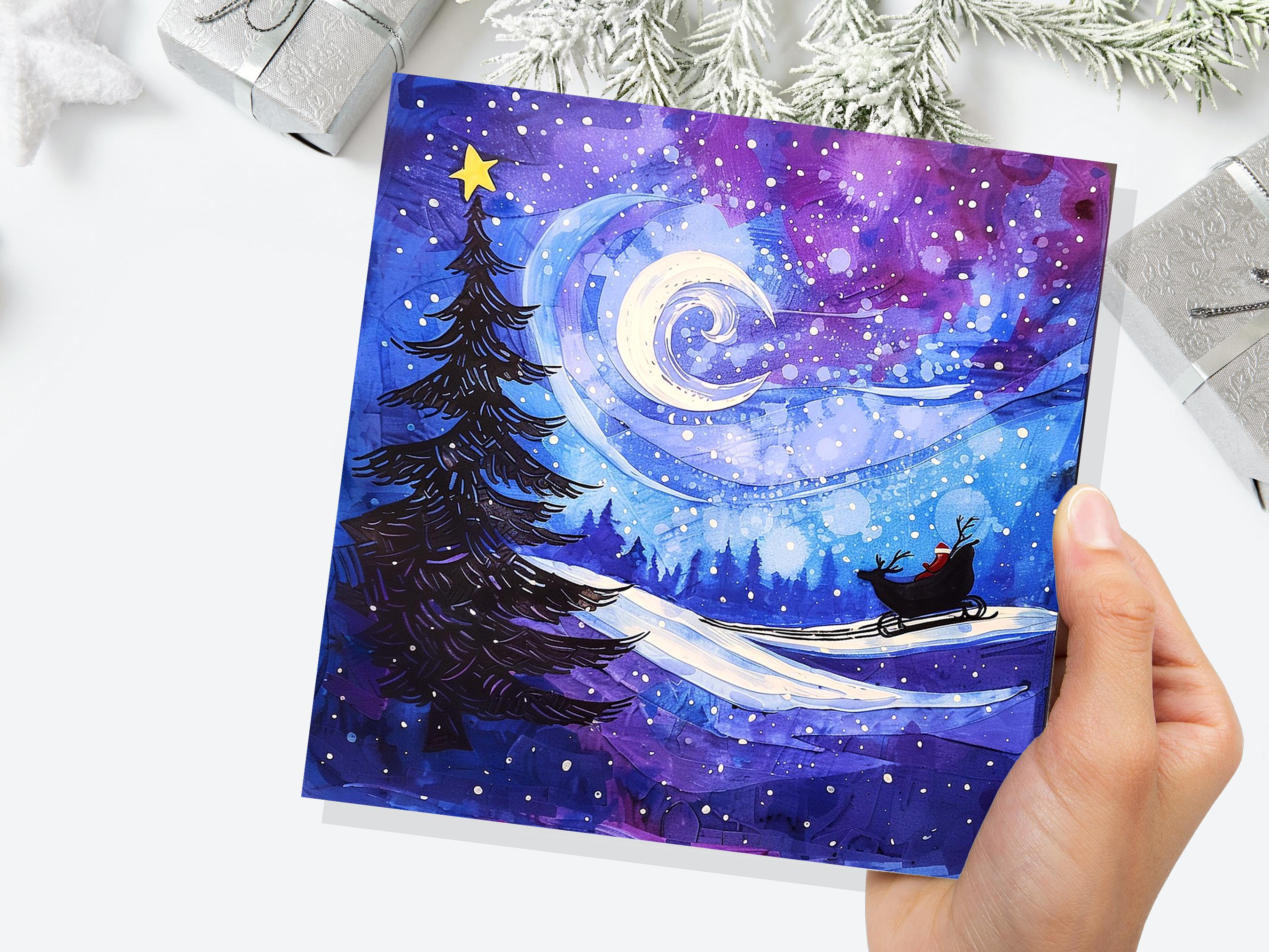 Purple Winter Night Snow Scene Greeting Card with Santa's Sleigh Starry Sky Christmas Tree Crescent Moon Family Friends New for Xmas 2025 - View 3