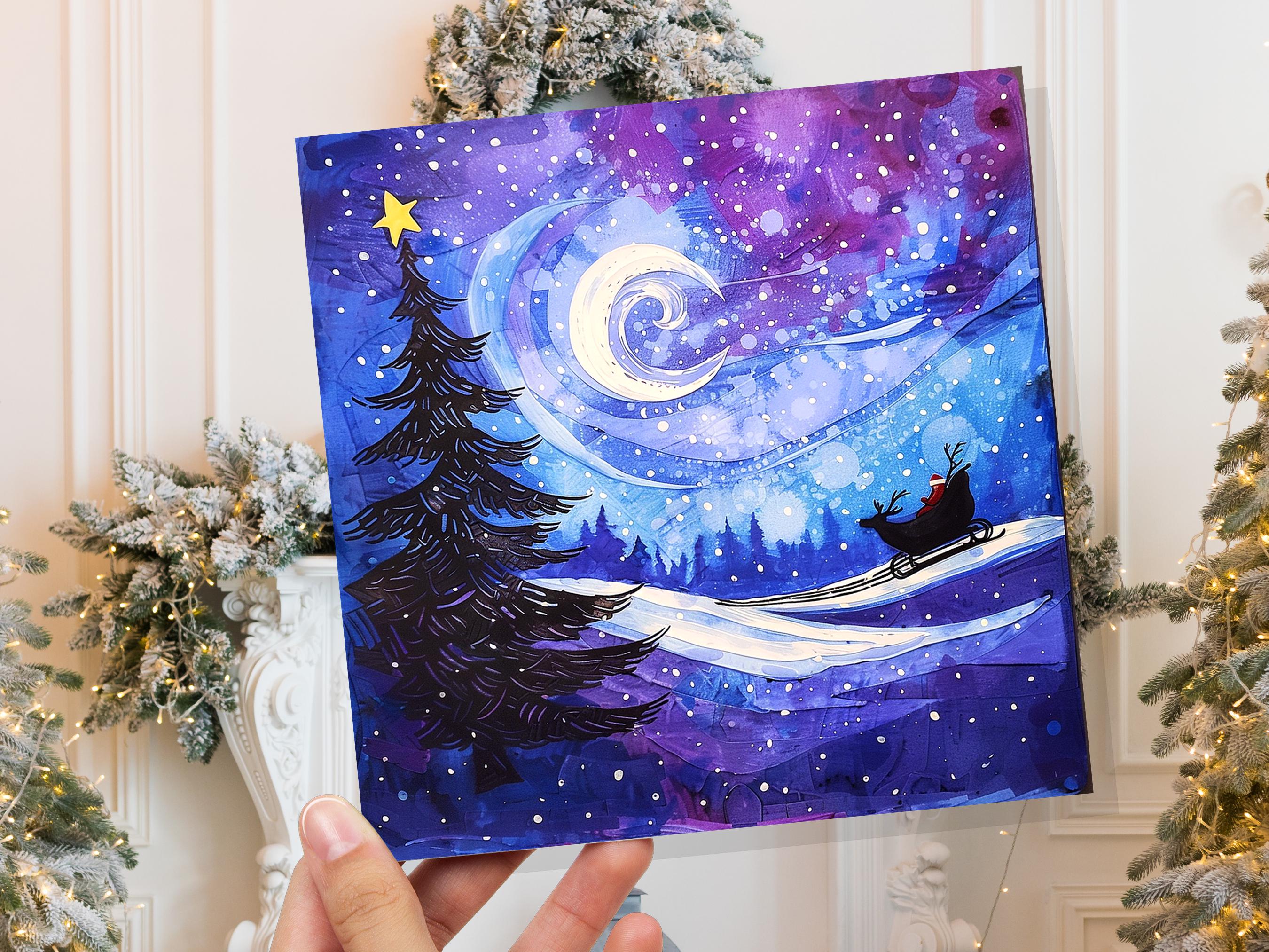 Purple Winter Night Snow Scene Greeting Card with Santa's Sleigh Starry Sky Christmas Tree Crescent Moon Family Friends New for Xmas 2025 - View 7