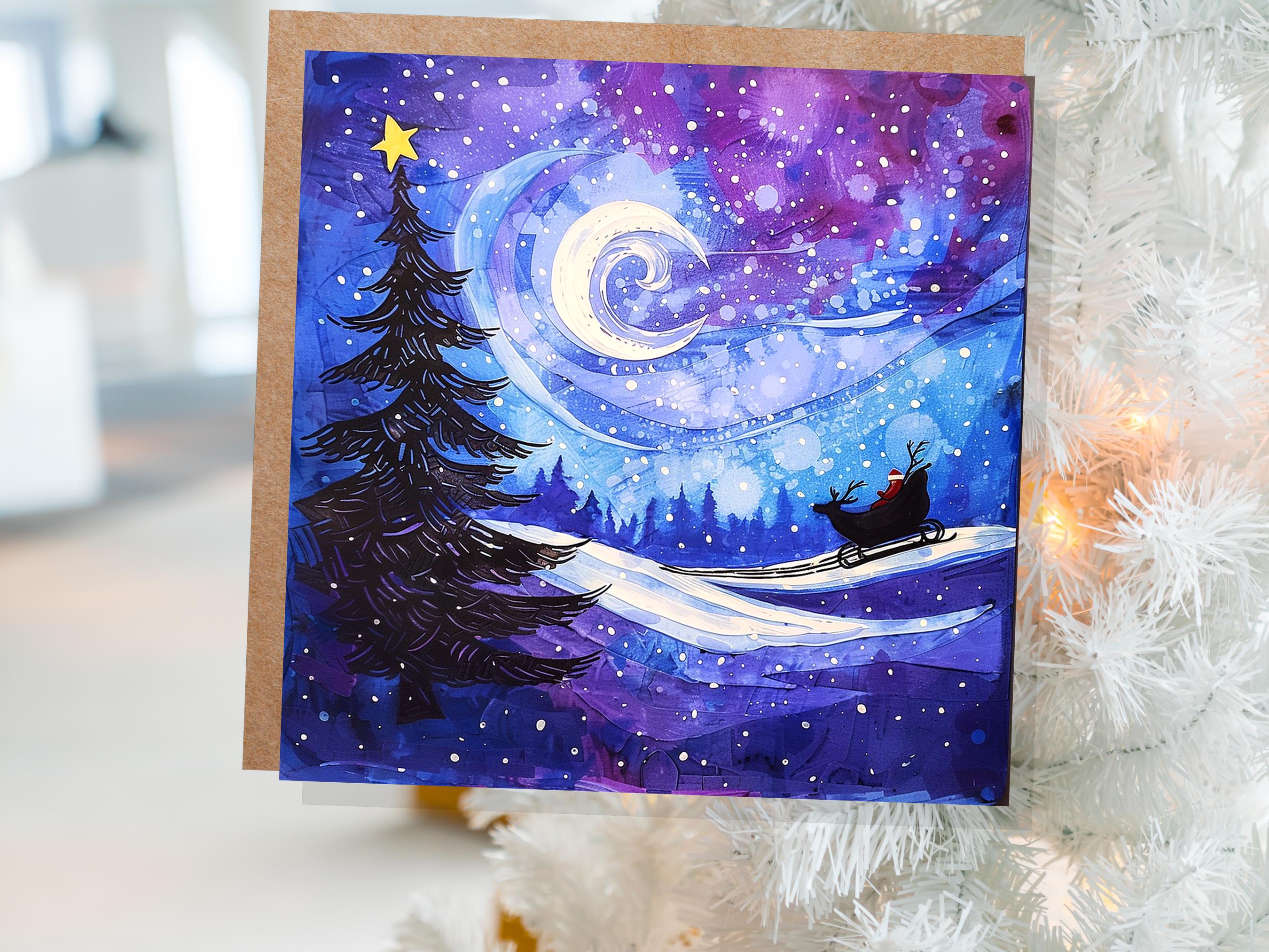 Purple Winter Night Snow Scene Greeting Card with Santa's Sleigh Starry Sky Christmas Tree Crescent Moon Family Friends New for Xmas 2025 - View 4
