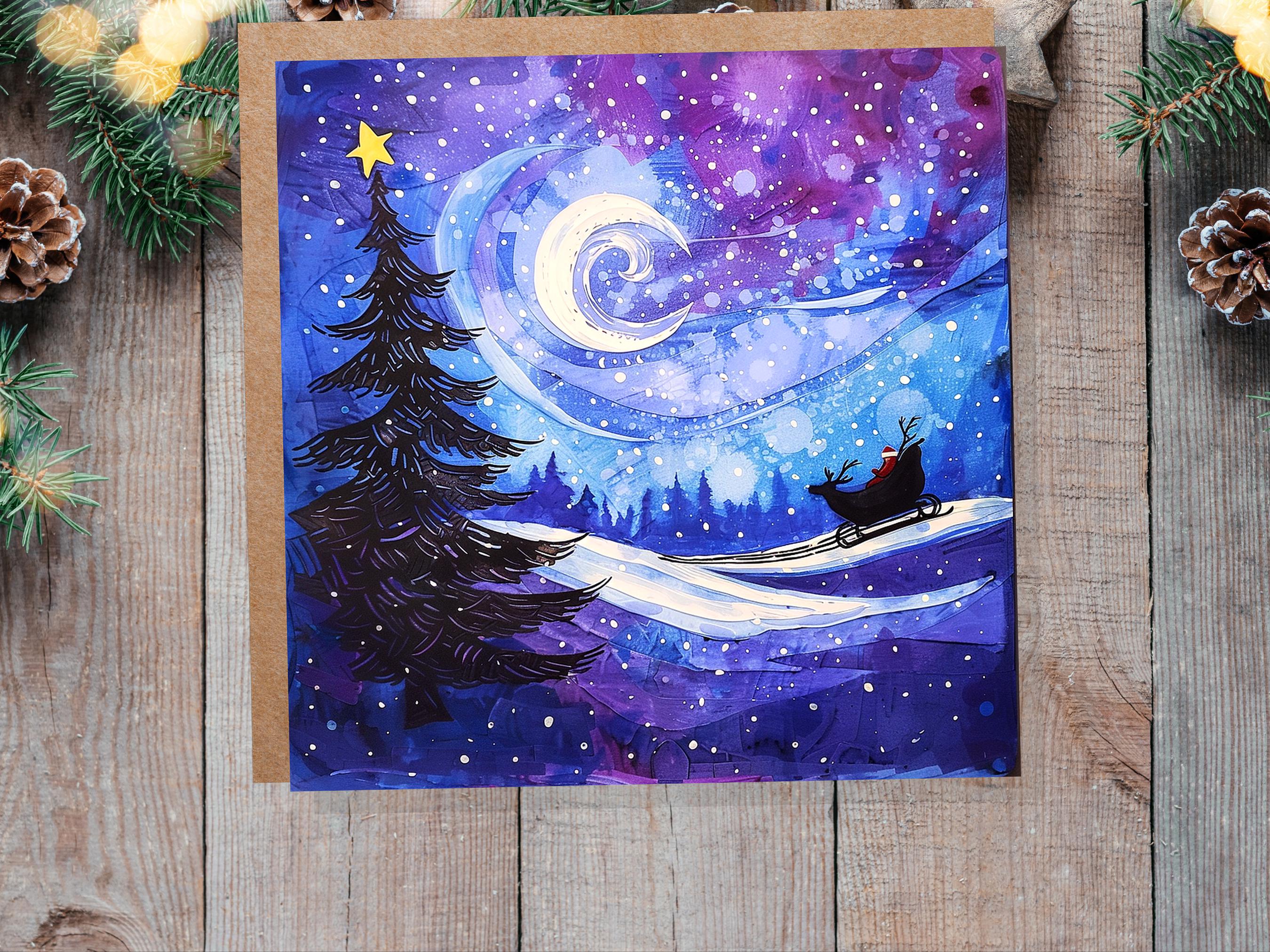 Purple Winter Night Snow Scene Greeting Card with Santa's Sleigh Starry Sky Christmas Tree Crescent Moon Family Friends New for Xmas 2025 - View 2