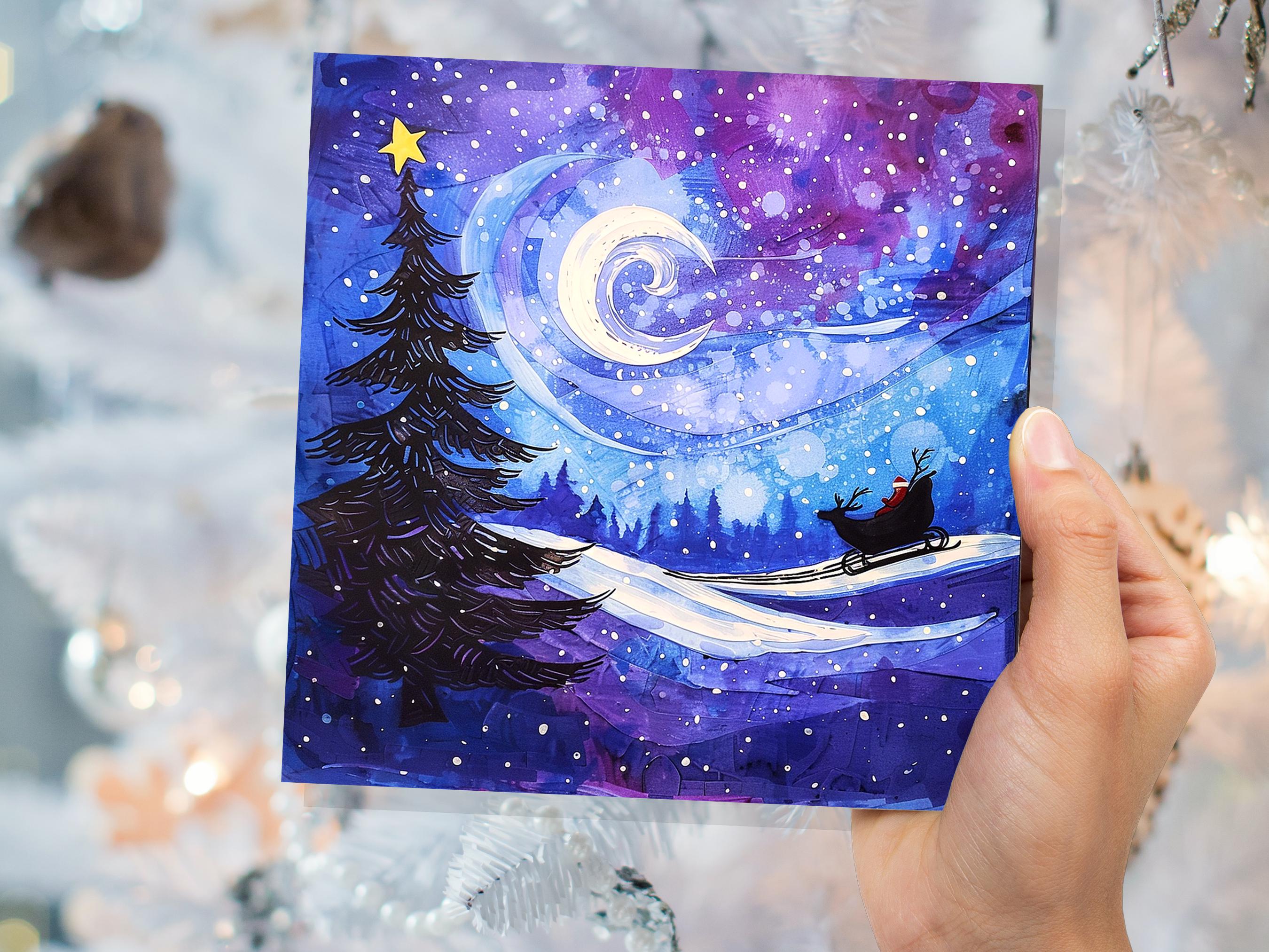 Purple Winter Night Snow Scene Greeting Card with Santa's Sleigh Starry Sky Christmas Tree Crescent Moon Family Friends New for Xmas 2025 - View 8