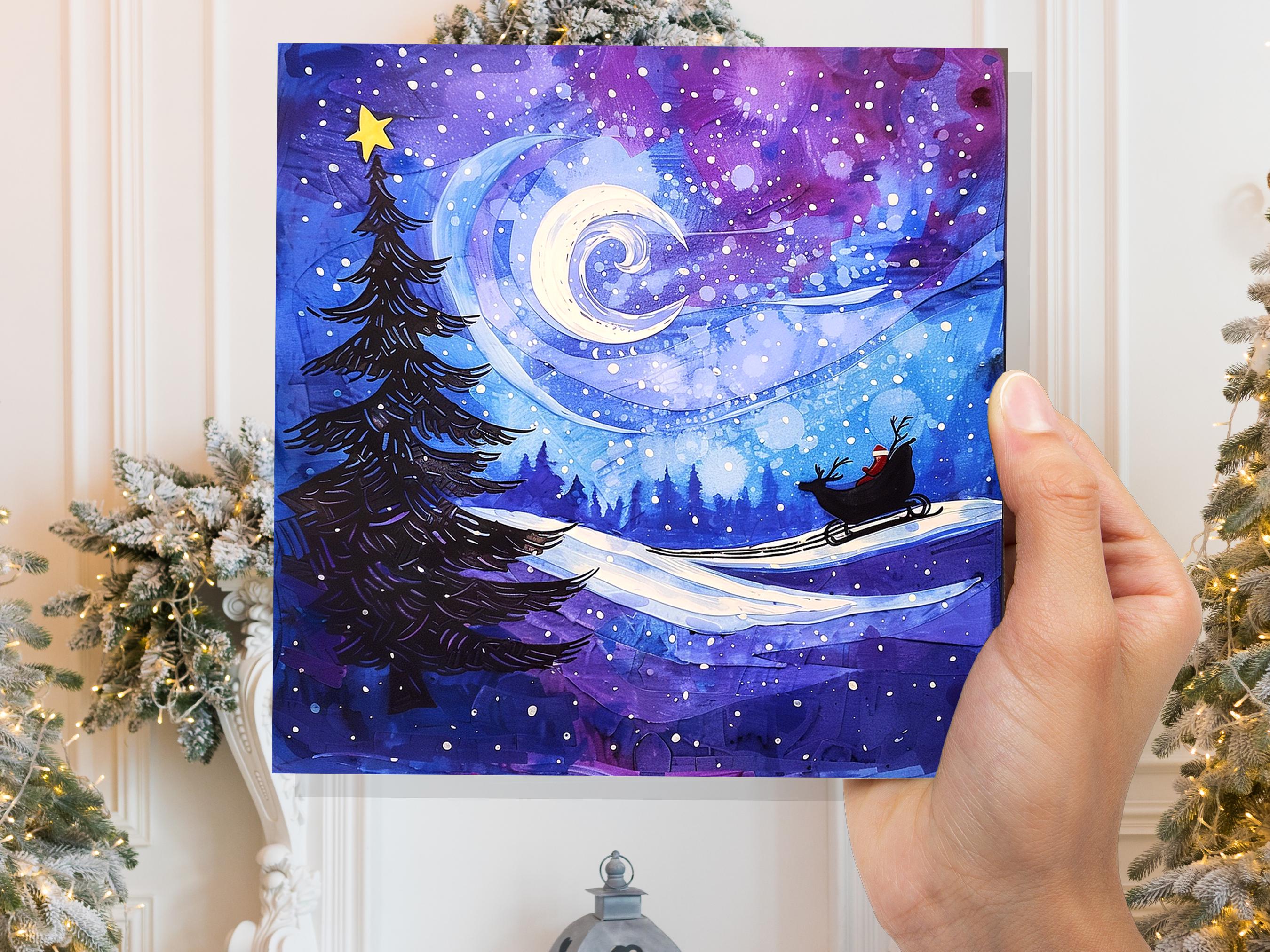 Purple Winter Night Snow Scene Greeting Card with Santa's Sleigh Starry Sky Christmas Tree Crescent Moon Family Friends New for Xmas 2025 - View 5
