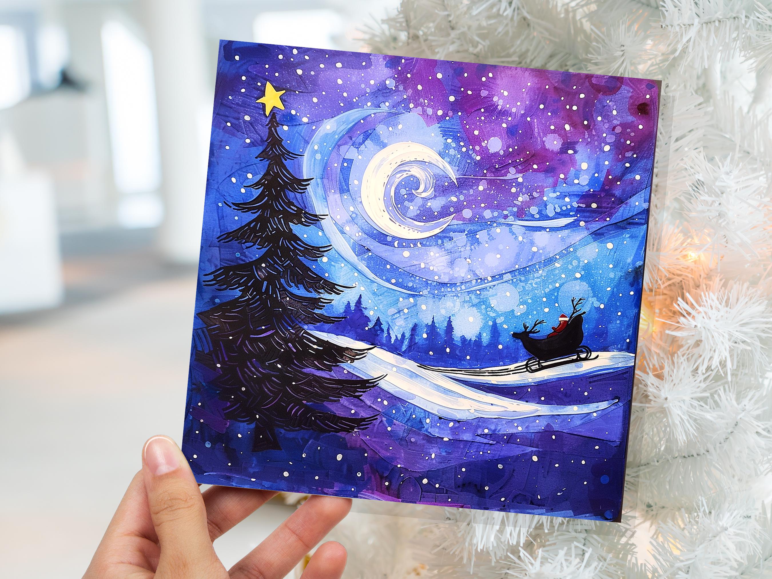 Purple Winter Night Snow Scene Greeting Card with Santa's Sleigh Starry Sky Christmas Tree Crescent Moon Family Friends New for Xmas 2025