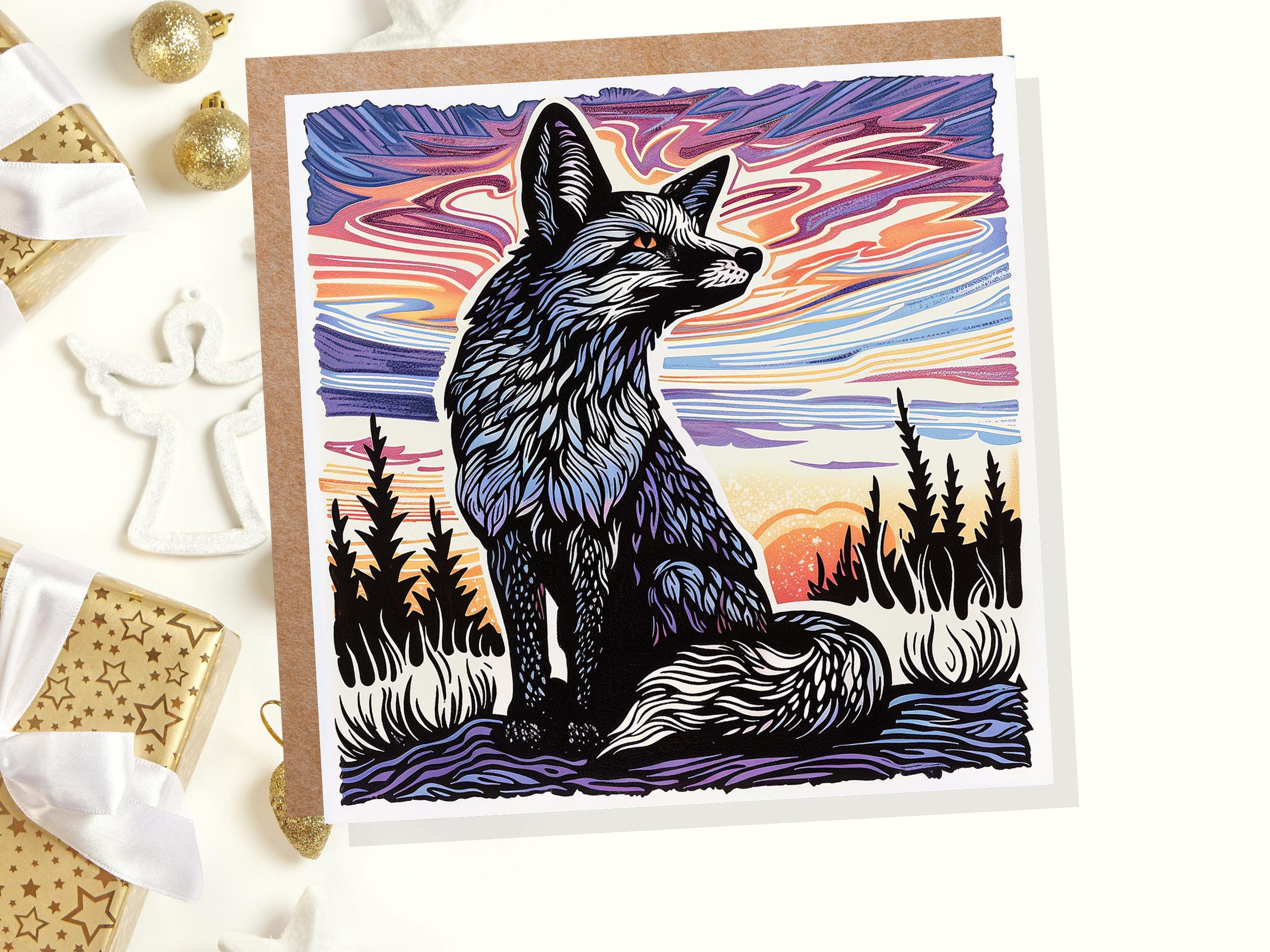 Linocut Fox Card Unique Sunset Sunrise Scene Wildlife Art Magical Countryside Snowy Trees Scene Print Art Style Birthday Card for Fox Lovers - View 4