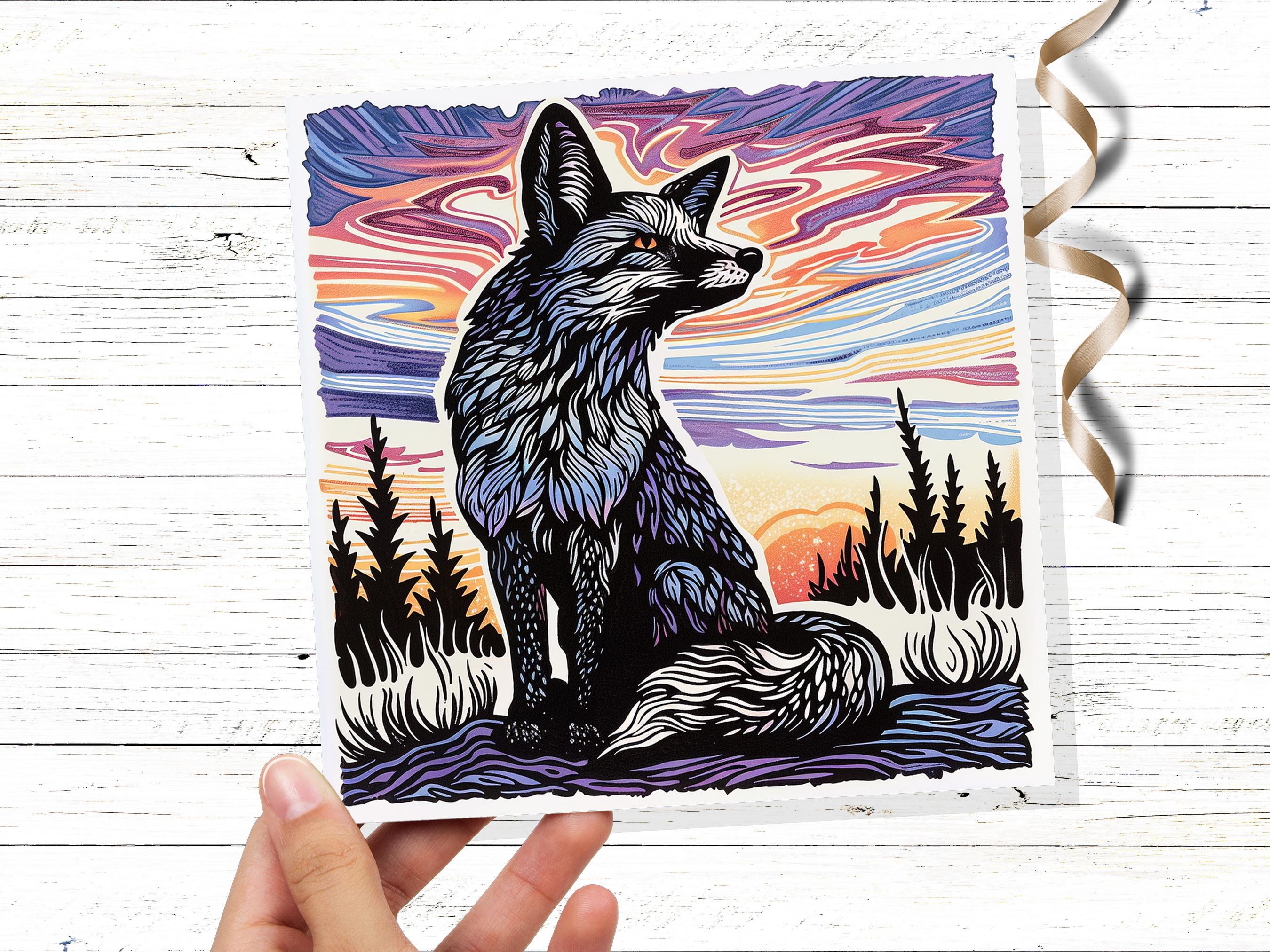Linocut Fox Card Unique Sunset Sunrise Scene Wildlife Art Magical Countryside Snowy Trees Scene Print Art Style Birthday Card for Fox Lovers - View 5
