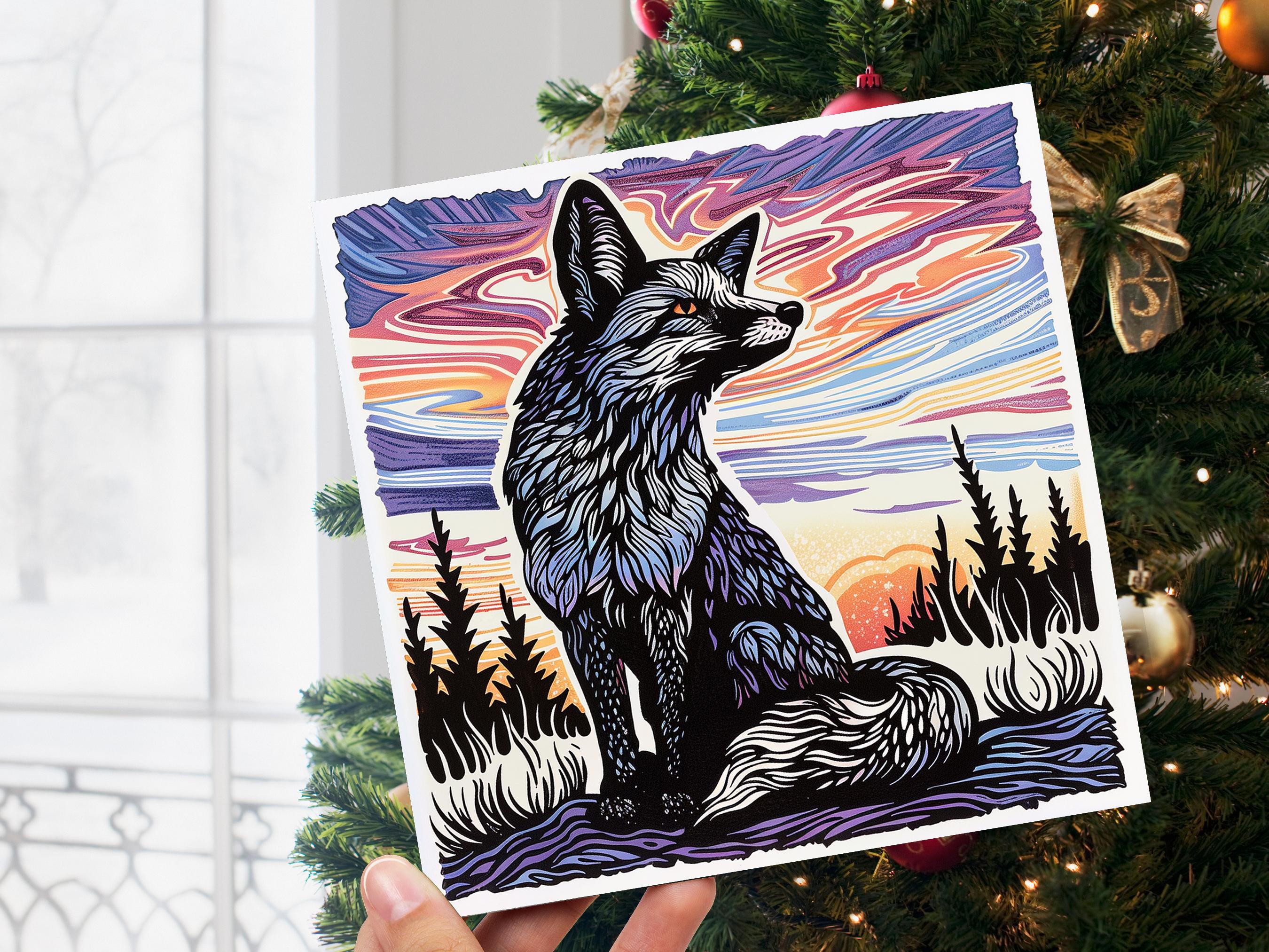 Linocut Fox Card Unique Sunset Sunrise Scene Wildlife Art Magical Countryside Snowy Trees Scene Print Art Style Birthday Card for Fox Lovers - View 7
