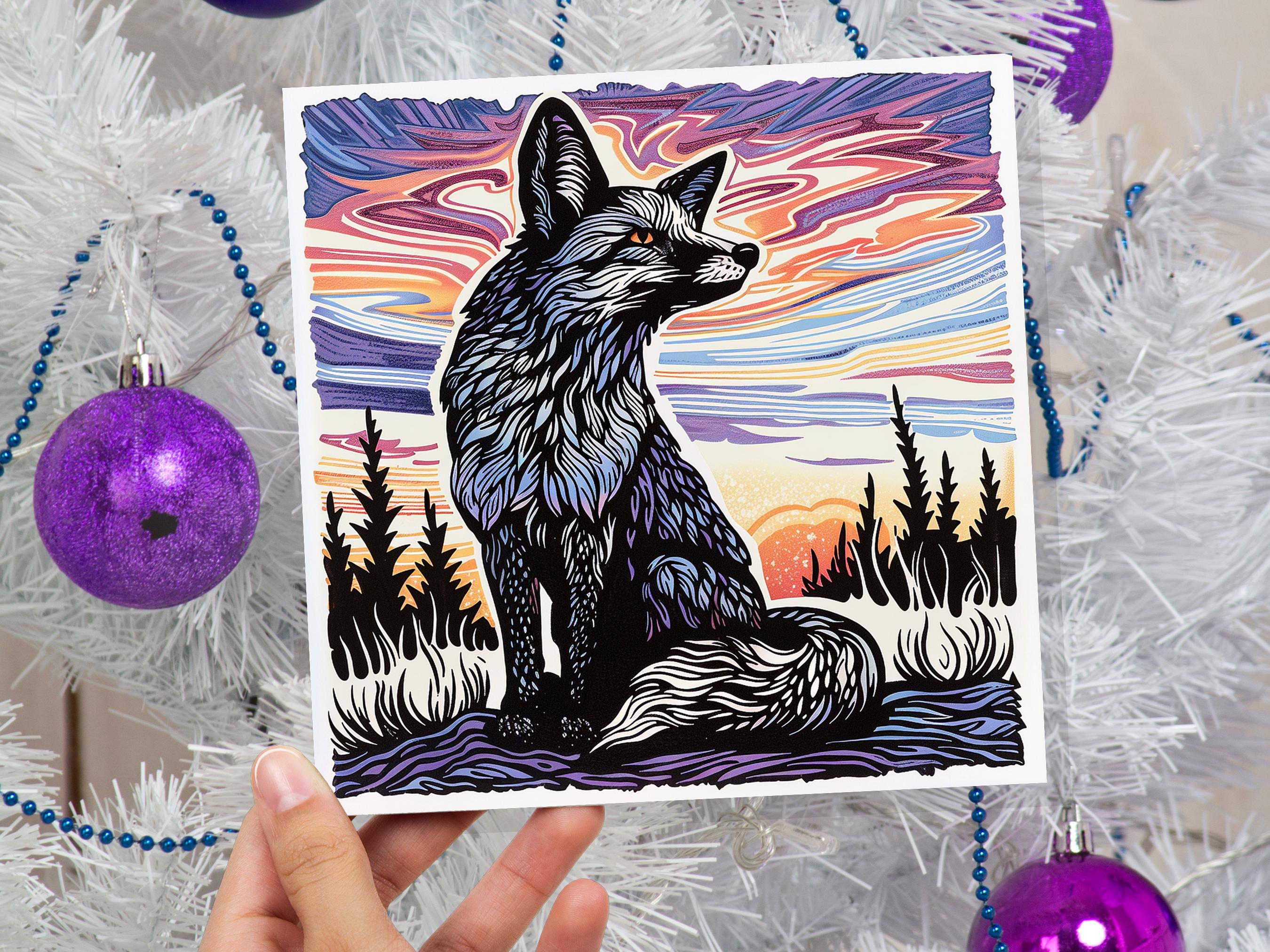 Linocut Fox Card Unique Sunset Sunrise Scene Wildlife Art Magical Countryside Snowy Trees Scene Print Art Style Birthday Card for Fox Lovers - View 6
