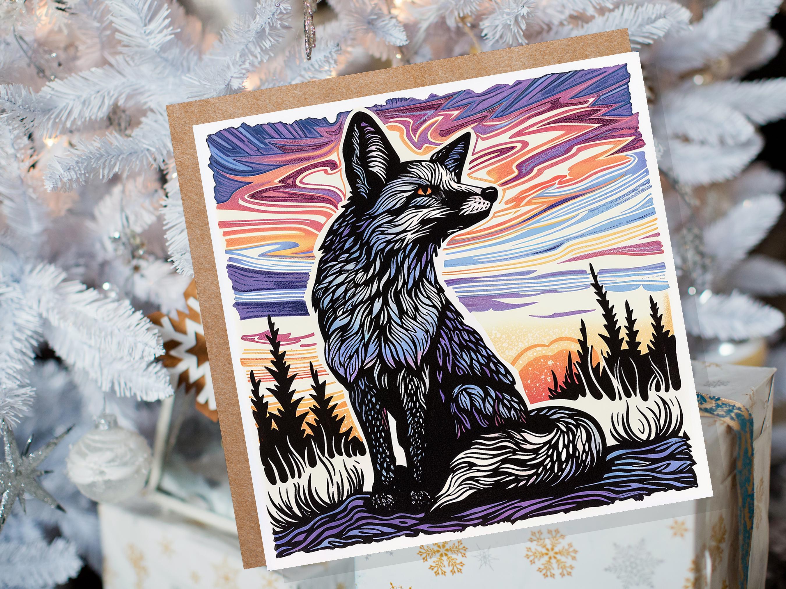 Linocut Fox Card Unique Sunset Sunrise Scene Wildlife Art Magical Countryside Snowy Trees Scene Print Art Style Birthday Card for Fox Lovers - View 3