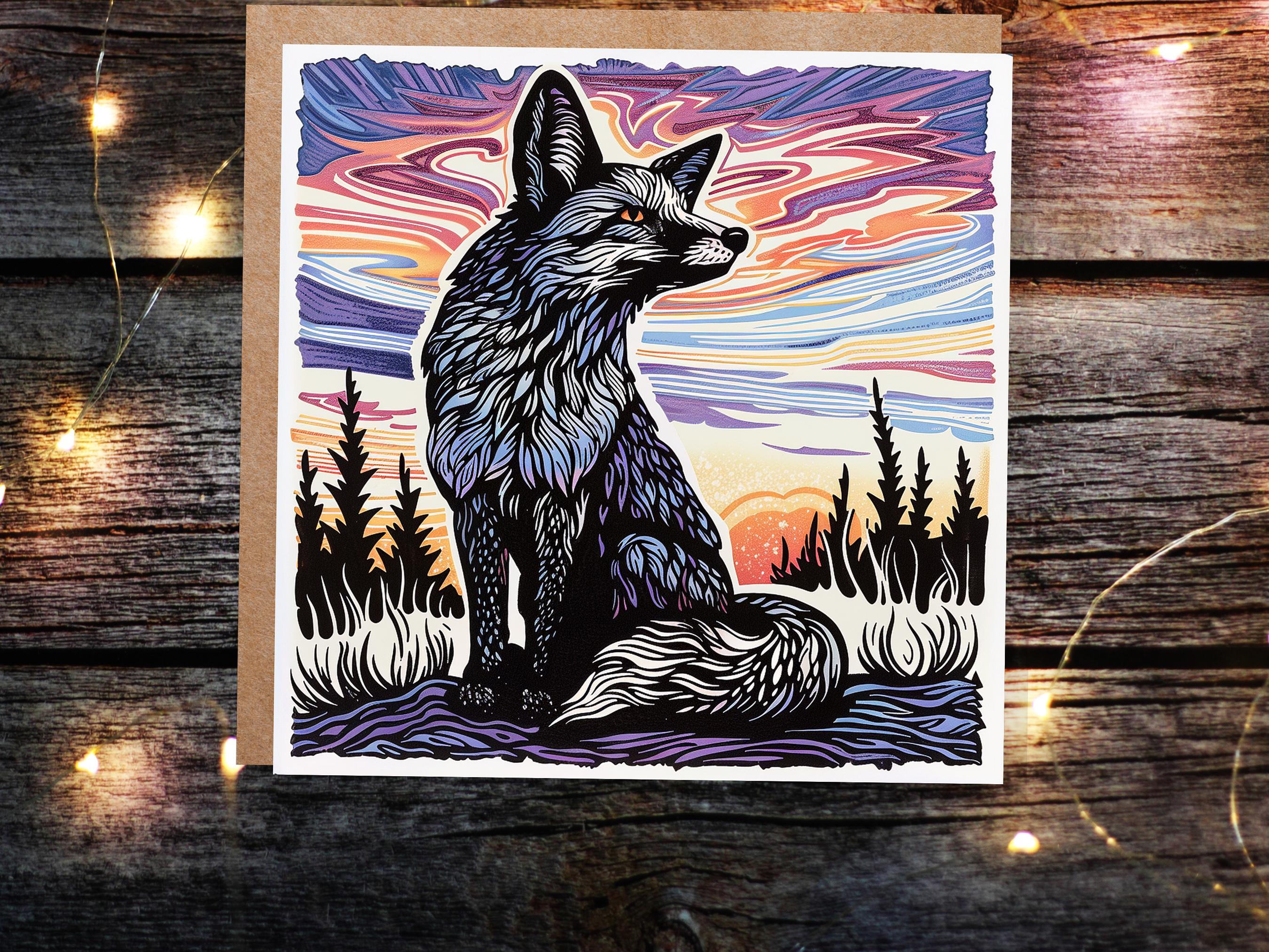 Linocut Fox Card Unique Sunset Sunrise Scene Wildlife Art Magical Countryside Snowy Trees Scene Print Art Style Birthday Card for Fox Lovers - View 2