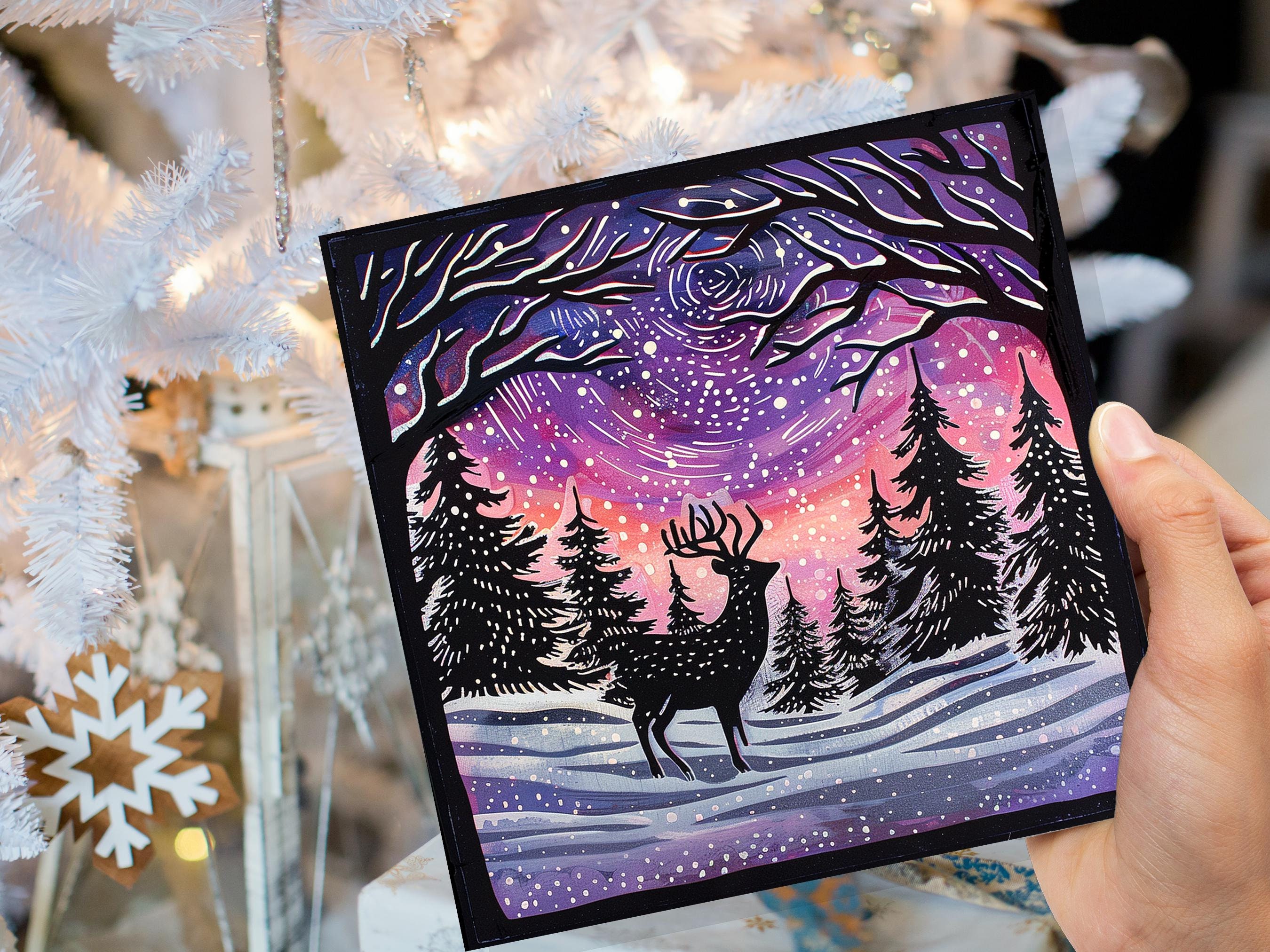 Christmas Card Reindeer Silhouette with Northern Lights Starry Sky Pine Tree Forest Aurora Borealis Deer Black Pink Orange Winter Sun Snow - View 2