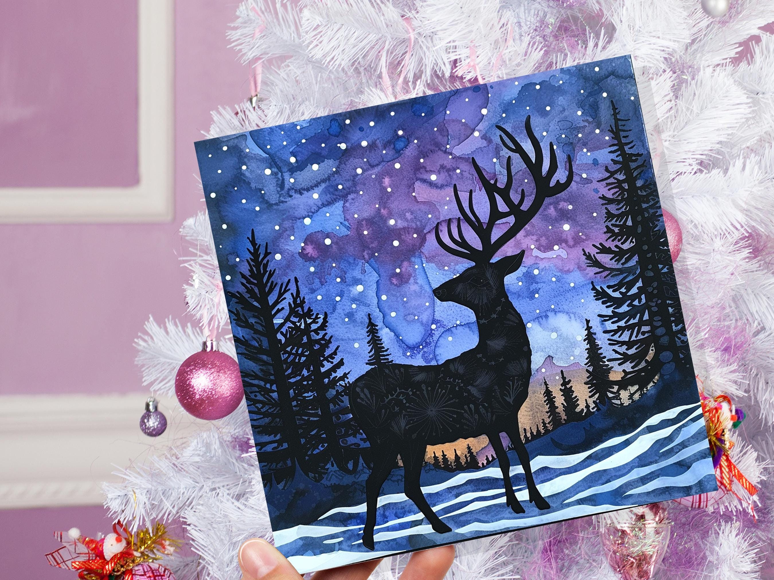 Christmas Card Reindeer Silhouette Winter Night Sky Pine Forest Snow Scene Blue Purple Starry Night Watercolour Art Holiday Greeting 2025