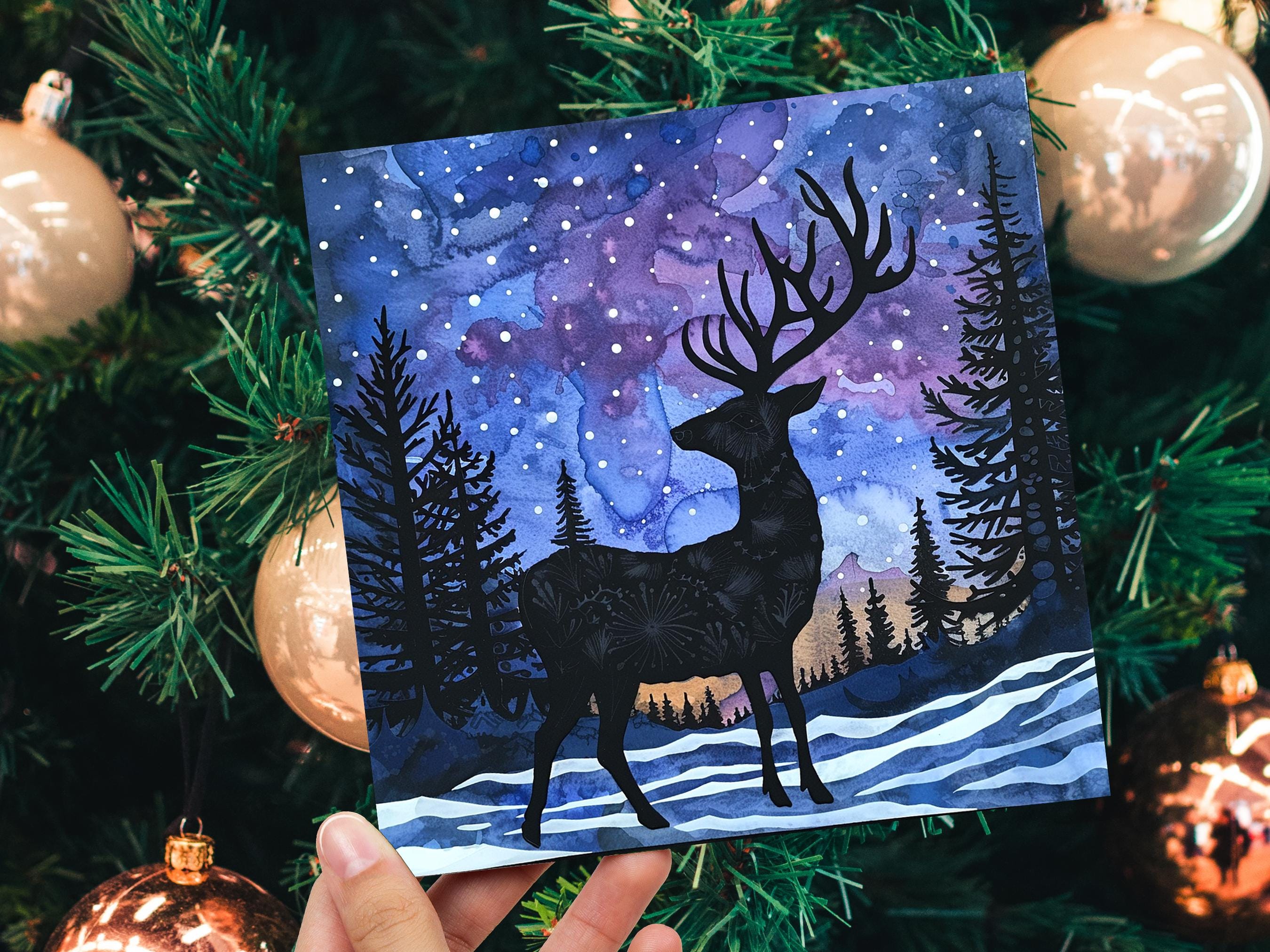 Christmas Card Reindeer Silhouette Winter Night Sky Pine Forest Snow Scene Blue Purple Starry Night Watercolour Art Holiday Greeting 2025 - View 6