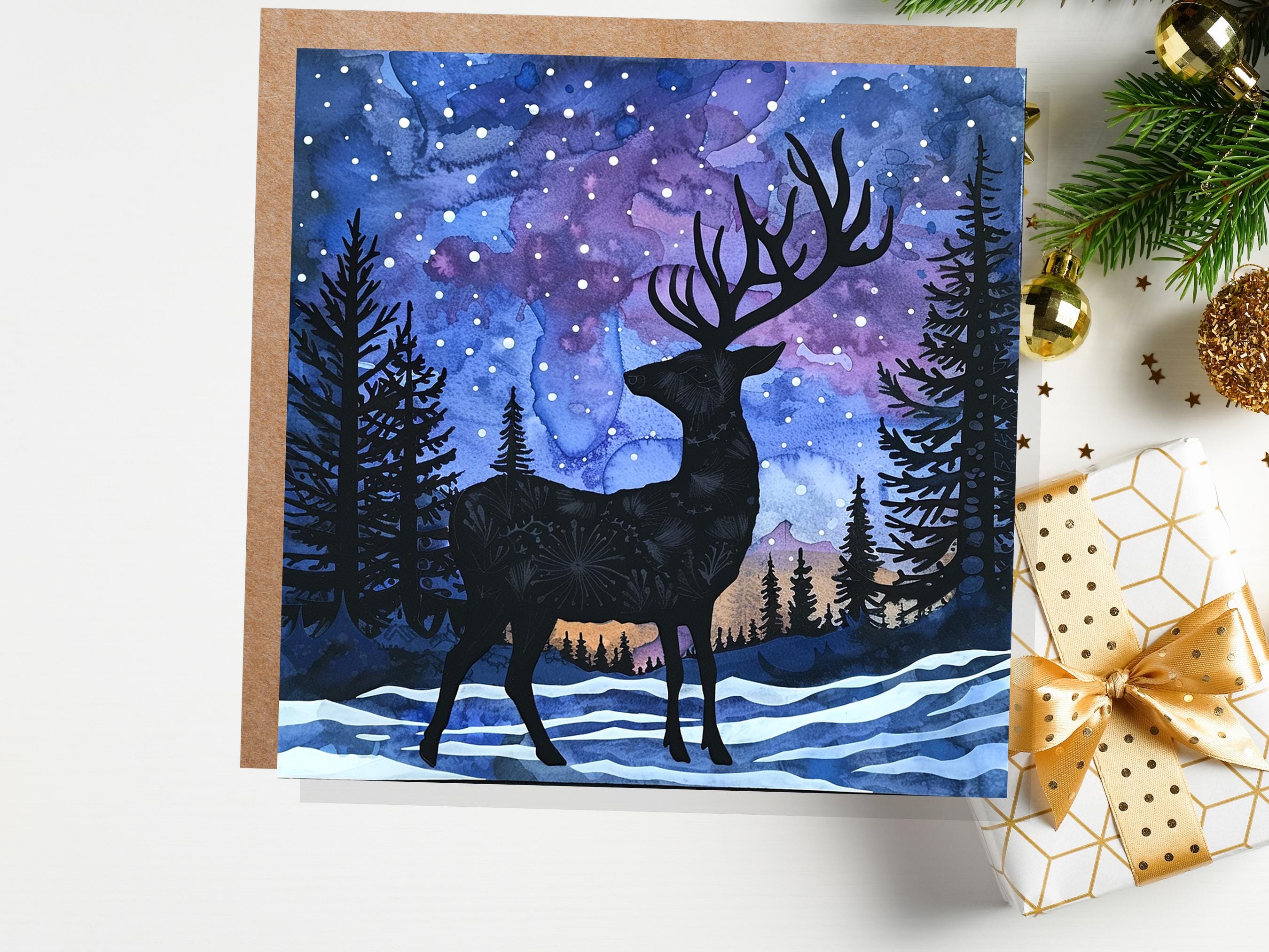 Christmas Card Reindeer Silhouette Winter Night Sky Pine Forest Snow Scene Blue Purple Starry Night Watercolour Art Holiday Greeting 2025 - View 4