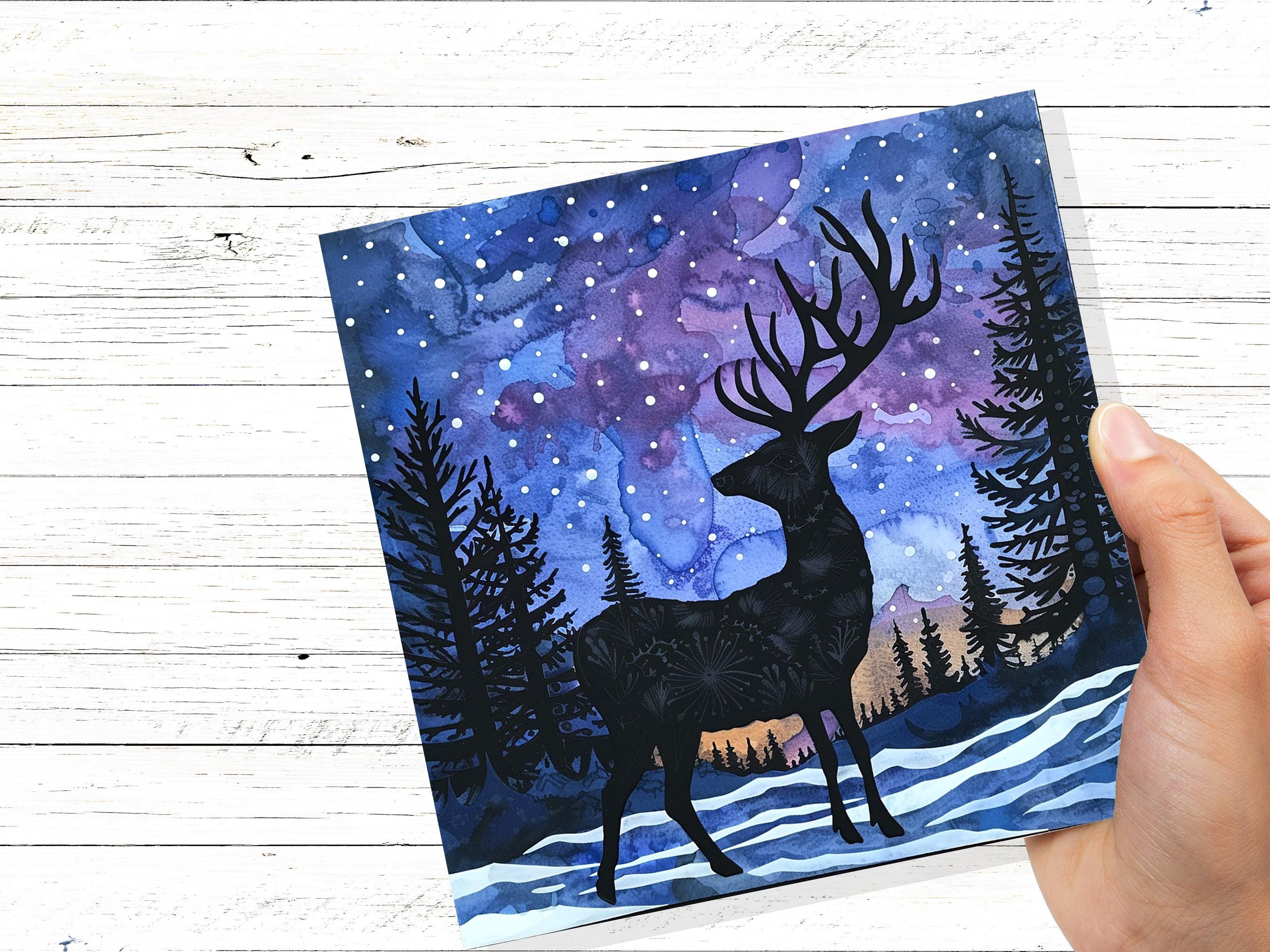 Christmas Card Reindeer Silhouette Winter Night Sky Pine Forest Snow Scene Blue Purple Starry Night Watercolour Art Holiday Greeting 2025 - View 9