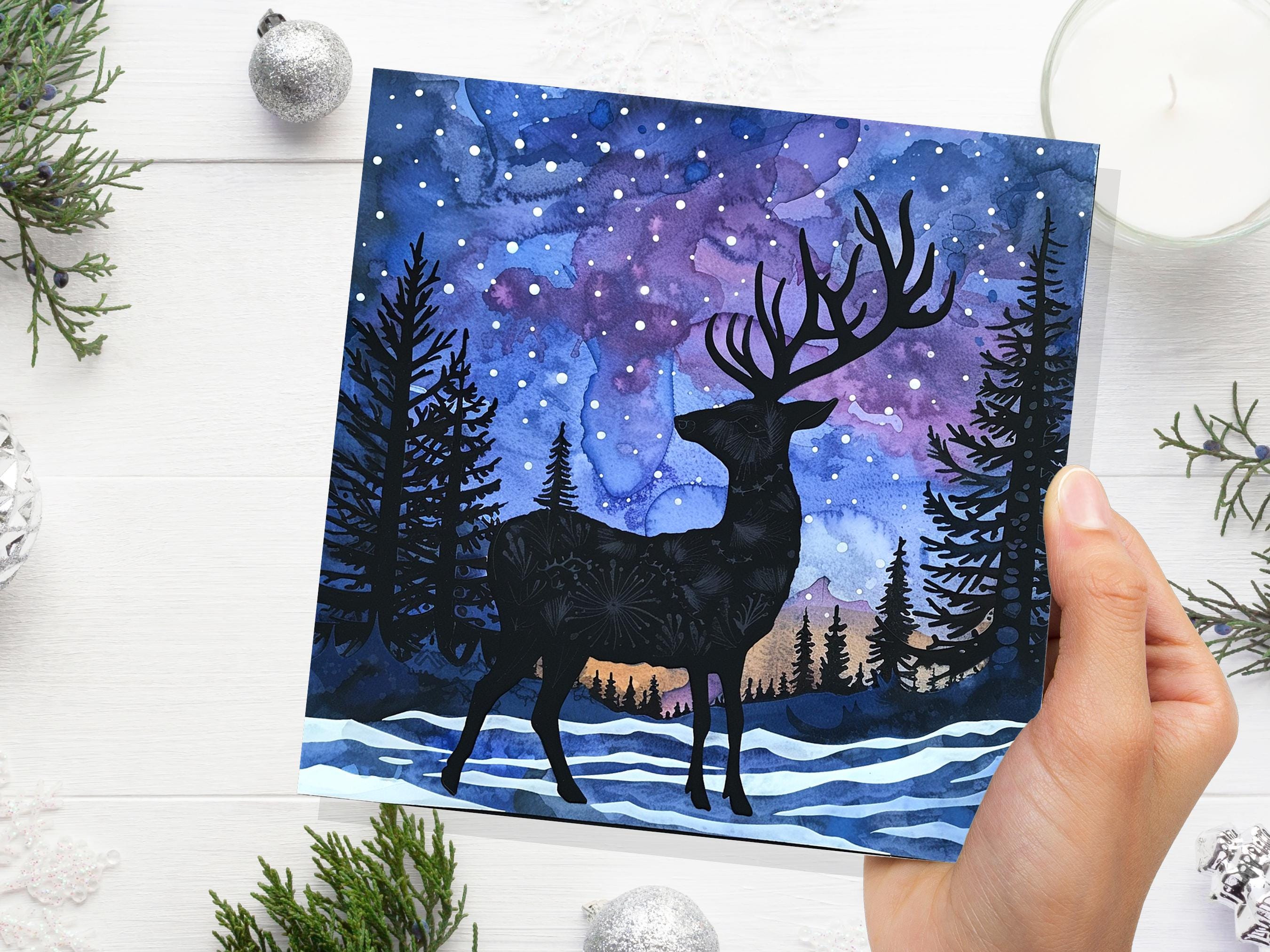 Christmas Card Reindeer Silhouette Winter Night Sky Pine Forest Snow Scene Blue Purple Starry Night Watercolour Art Holiday Greeting 2025 - View 2