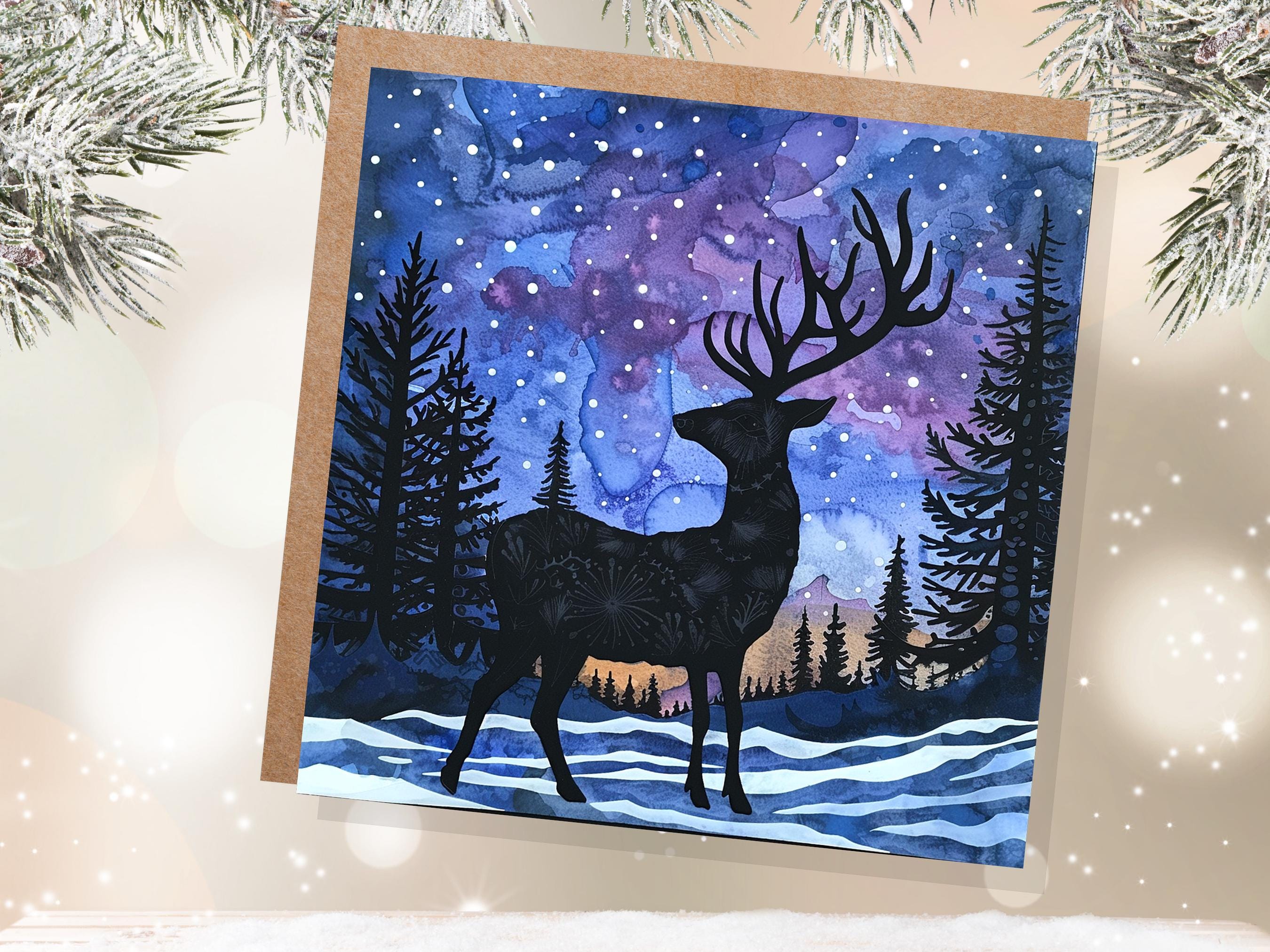 Christmas Card Reindeer Silhouette Winter Night Sky Pine Forest Snow Scene Blue Purple Starry Night Watercolour Art Holiday Greeting 2025 - View 3